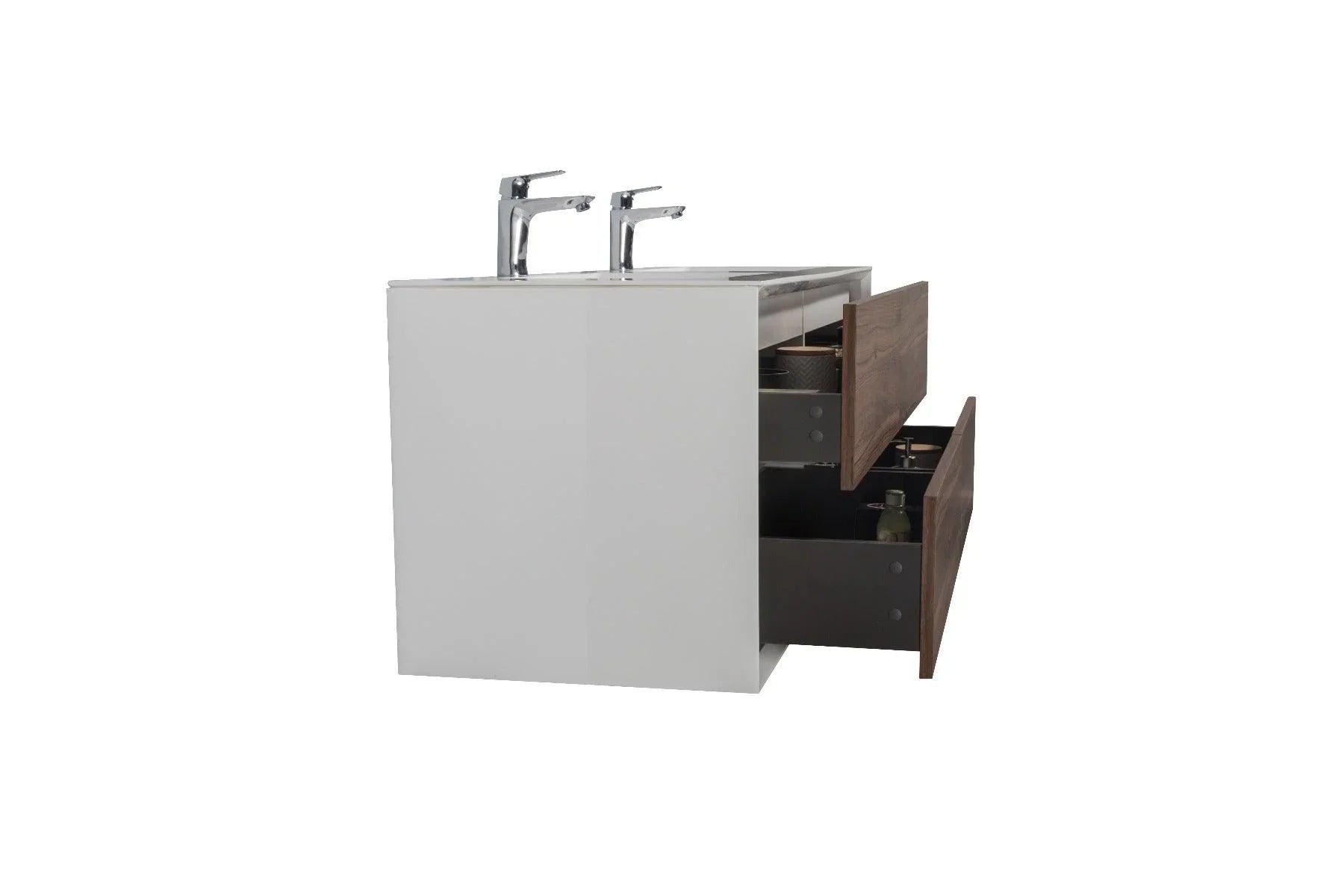 60" Walnut Wall Mount Double Sink Bathroom Vanity with White Polymarble Countertop Fleur-Migration_Bathroom Vanities-DECOROLALA