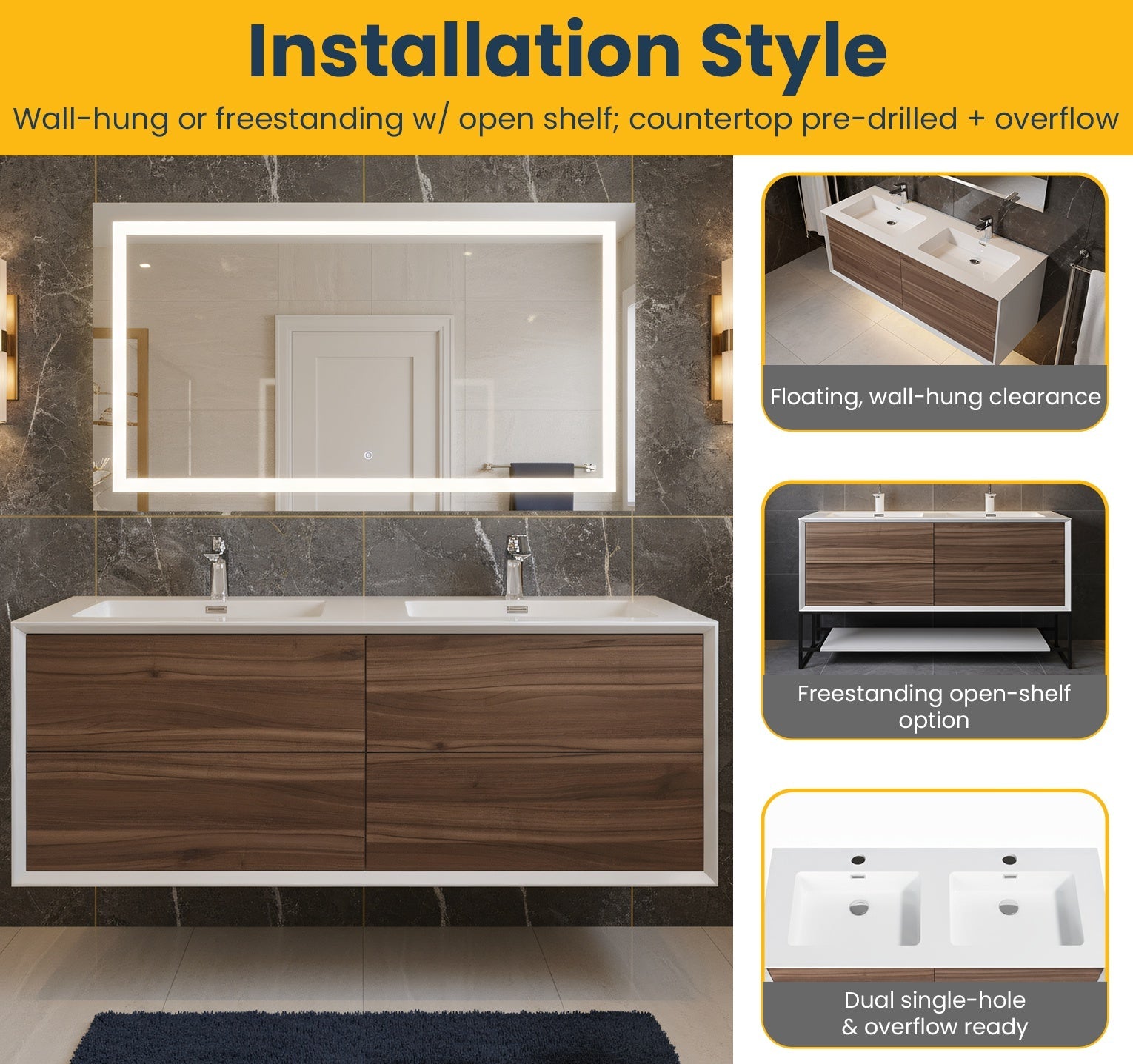 60" Walnut Wall Mount Double Sink Bathroom Vanity with White Polymarble Countertop Fleur-Migration_Bathroom Vanities-DECOROLALA