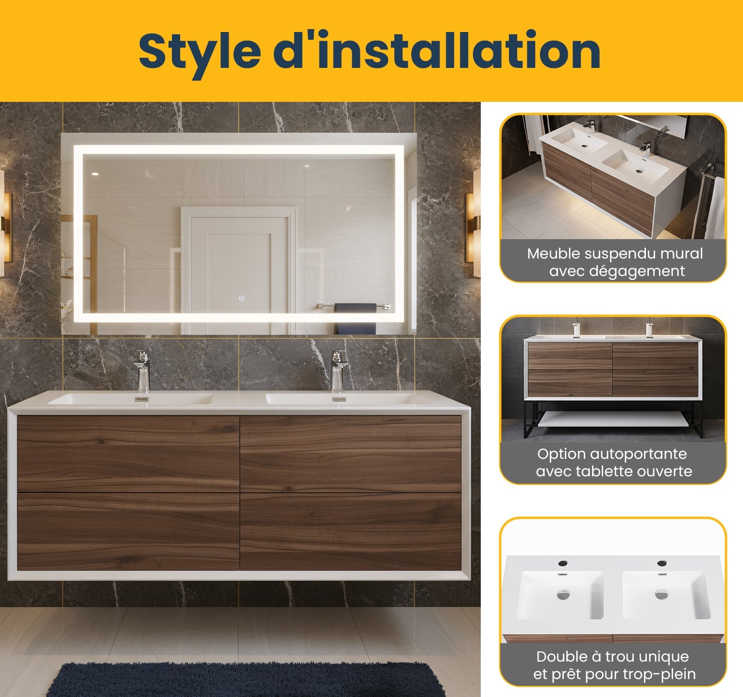 60" Walnut Wall Mount Double Sink Bathroom Vanity with White Polymarble Countertop Fleur-Migration_Bathroom Vanities-DECOROLALA