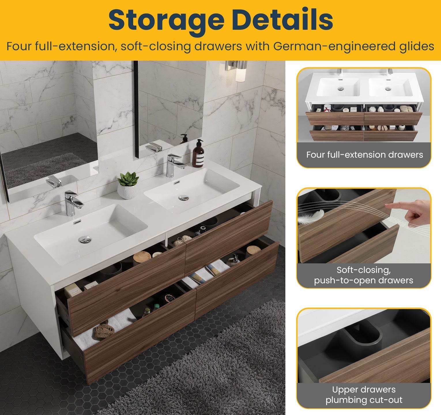 60" Walnut Wall Mount Double Sink Bathroom Vanity with White Polymarble Countertop Fleur-Migration_Bathroom Vanities-DECOROLALA