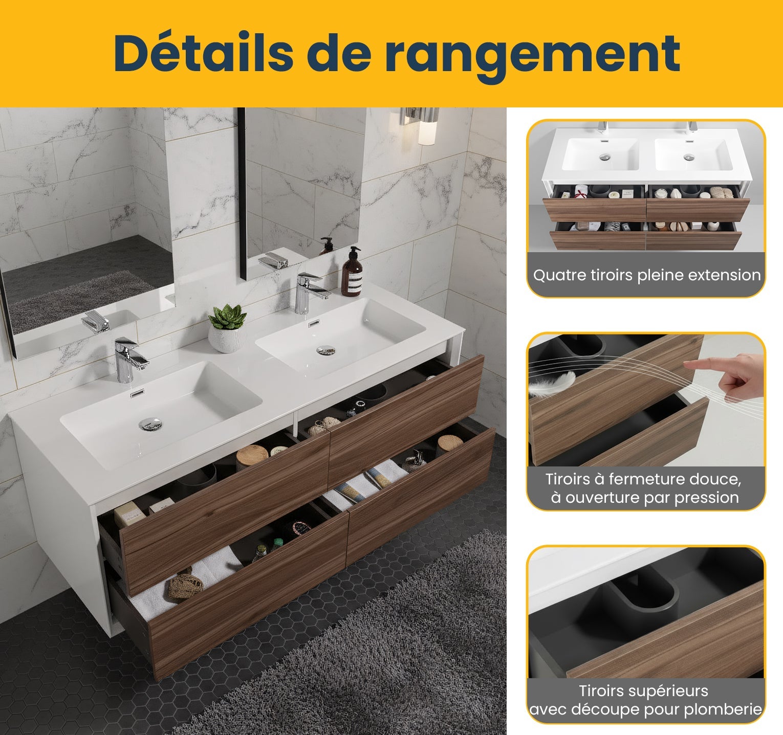 60" Walnut Wall Mount Double Sink Bathroom Vanity with White Polymarble Countertop Fleur-Migration_Bathroom Vanities-DECOROLALA