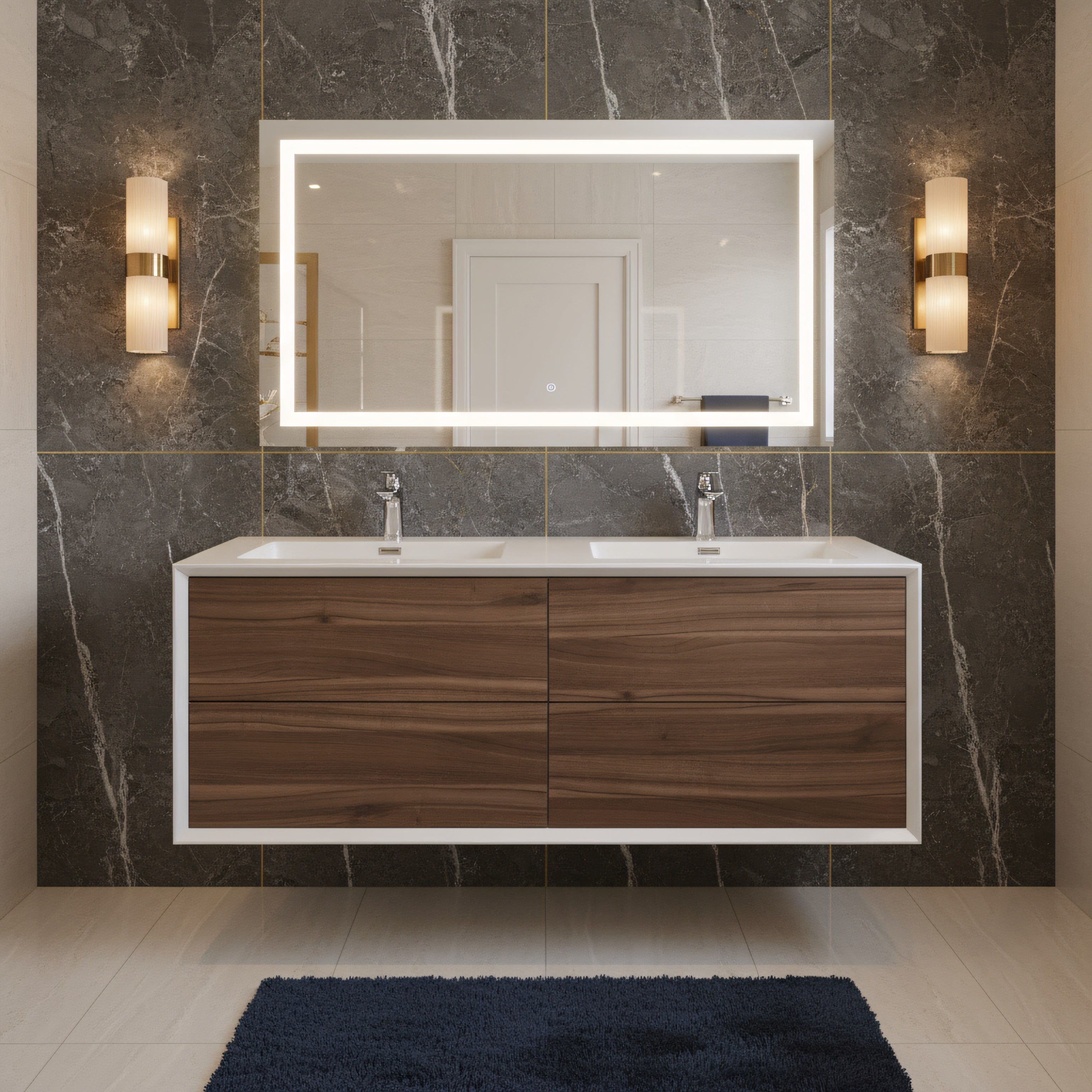 60" Walnut Wall Mount Double Sink Bathroom Vanity with White Polymarble Countertop Fleur-Migration_Bathroom Vanities-DECOROLALA