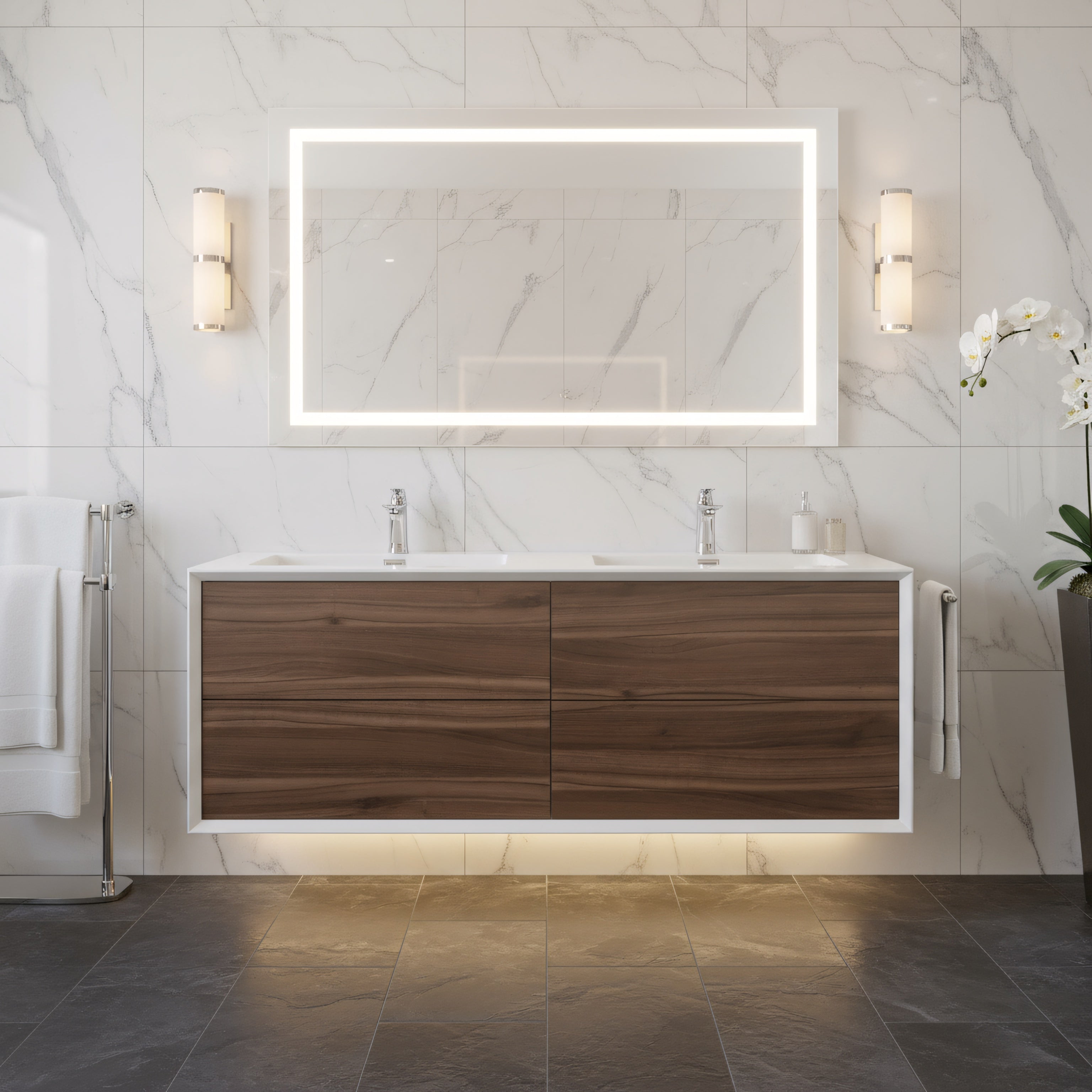 60" Walnut Wall Mount Double Sink Bathroom Vanity with White Polymarble Countertop Fleur-Migration_Bathroom Vanities-DECOROLALA