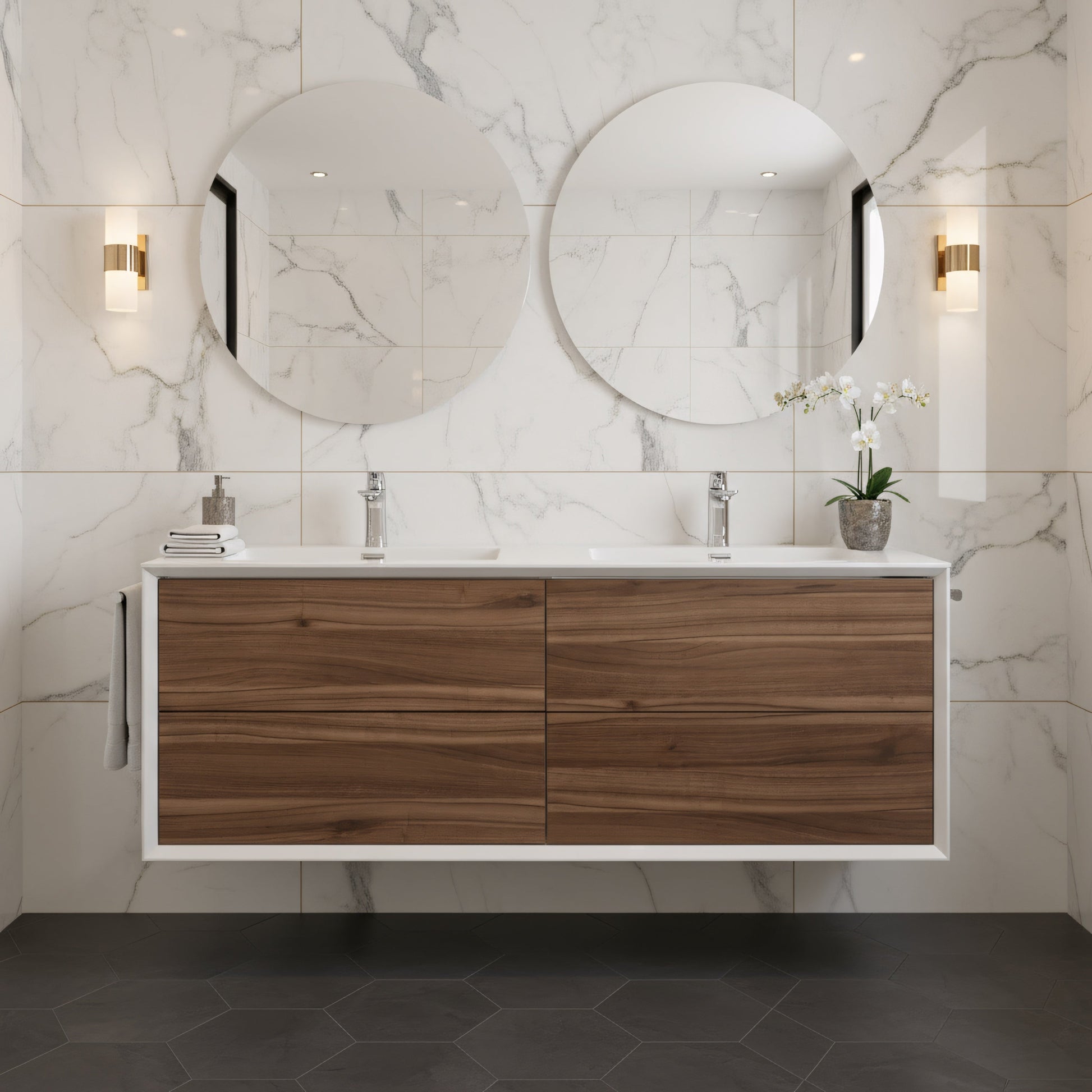 60" Walnut Wall Mount Double Sink Bathroom Vanity with White Polymarble Countertop Fleur-Migration_Bathroom Vanities-DECOROLALA