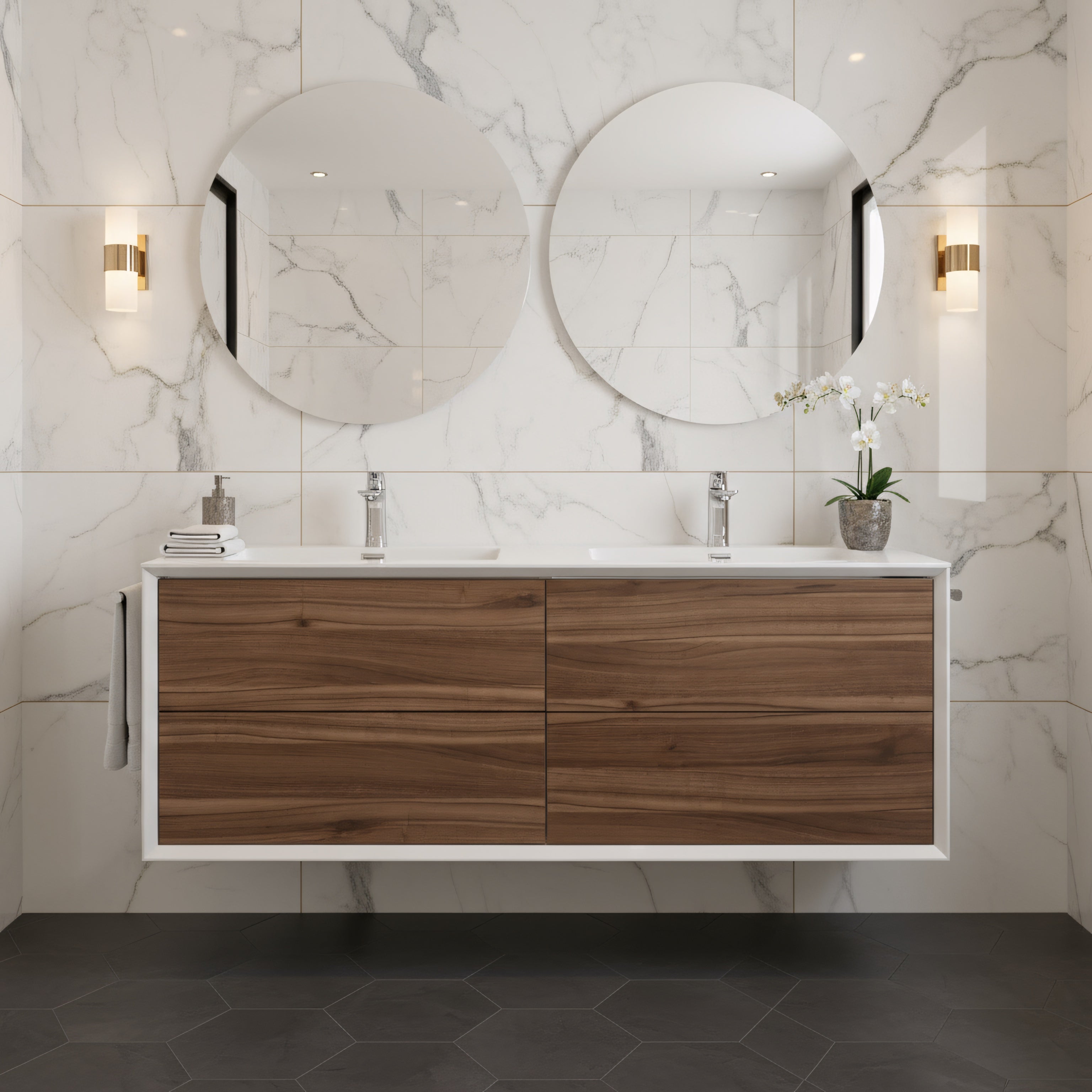 60" Walnut Wall Mount Double Sink Bathroom Vanity with White Polymarble Countertop Fleur-Migration_Bathroom Vanities-DECOROLALA