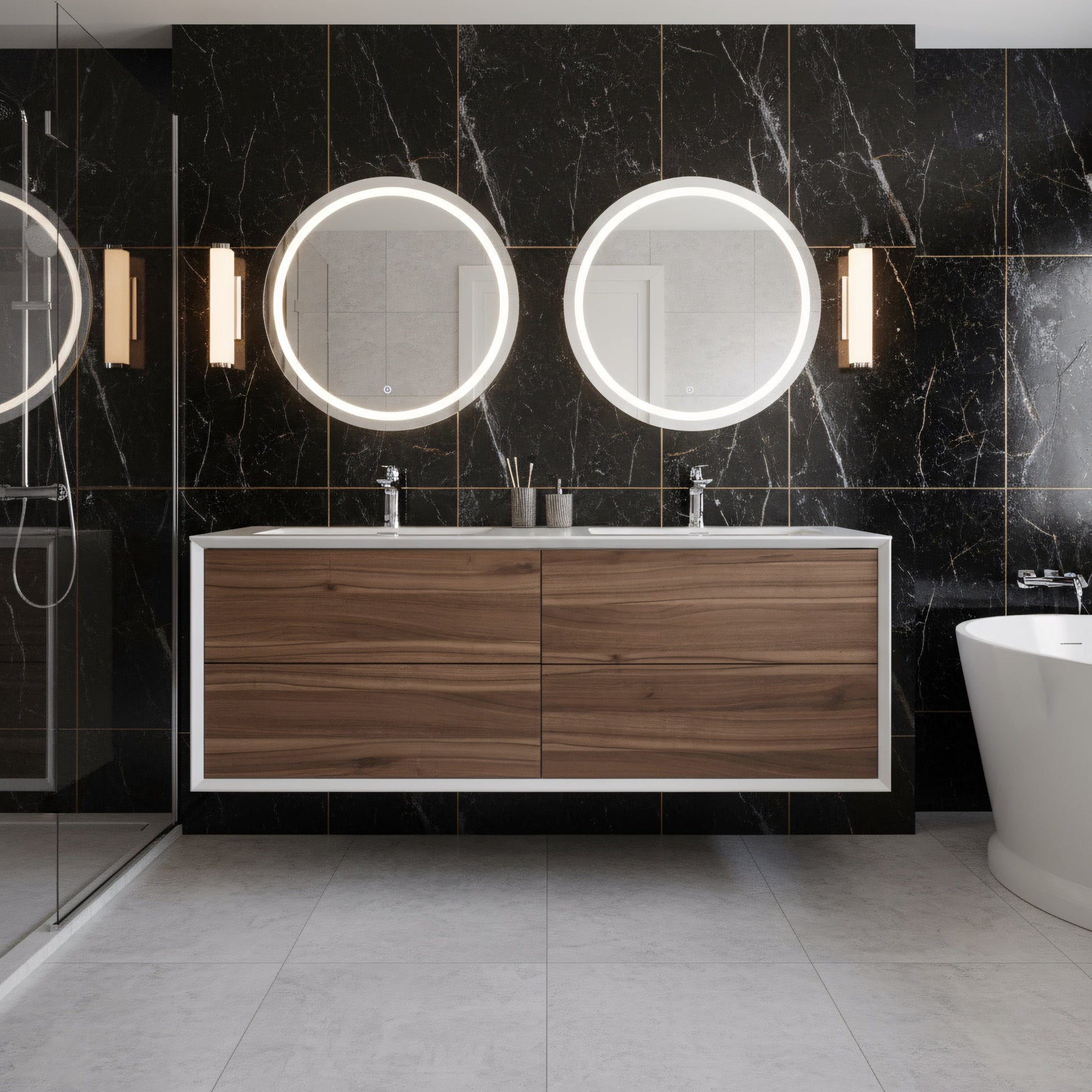 60" Walnut Wall Mount Double Sink Bathroom Vanity with White Polymarble Countertop Fleur-Migration_Bathroom Vanities-DECOROLALA