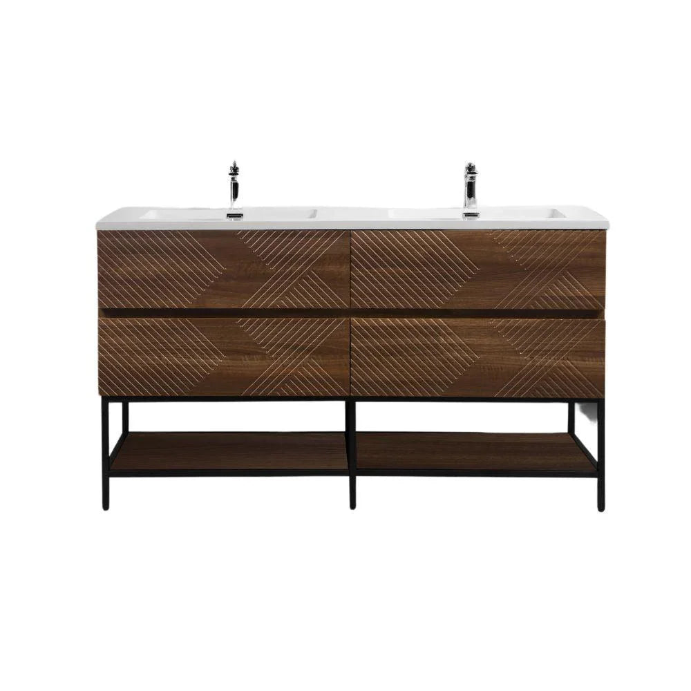60" Walnut Wall Mount Double Sink Bathroom Vanity with White Polymarble Countertop-Migration_Bathroom Vanities-DECOROLALA