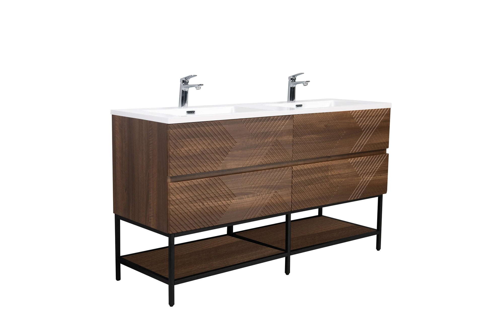 60" Walnut Wall Mount Double Sink Bathroom Vanity with White Polymarble Countertop-Migration_Bathroom Vanities-DECOROLALA