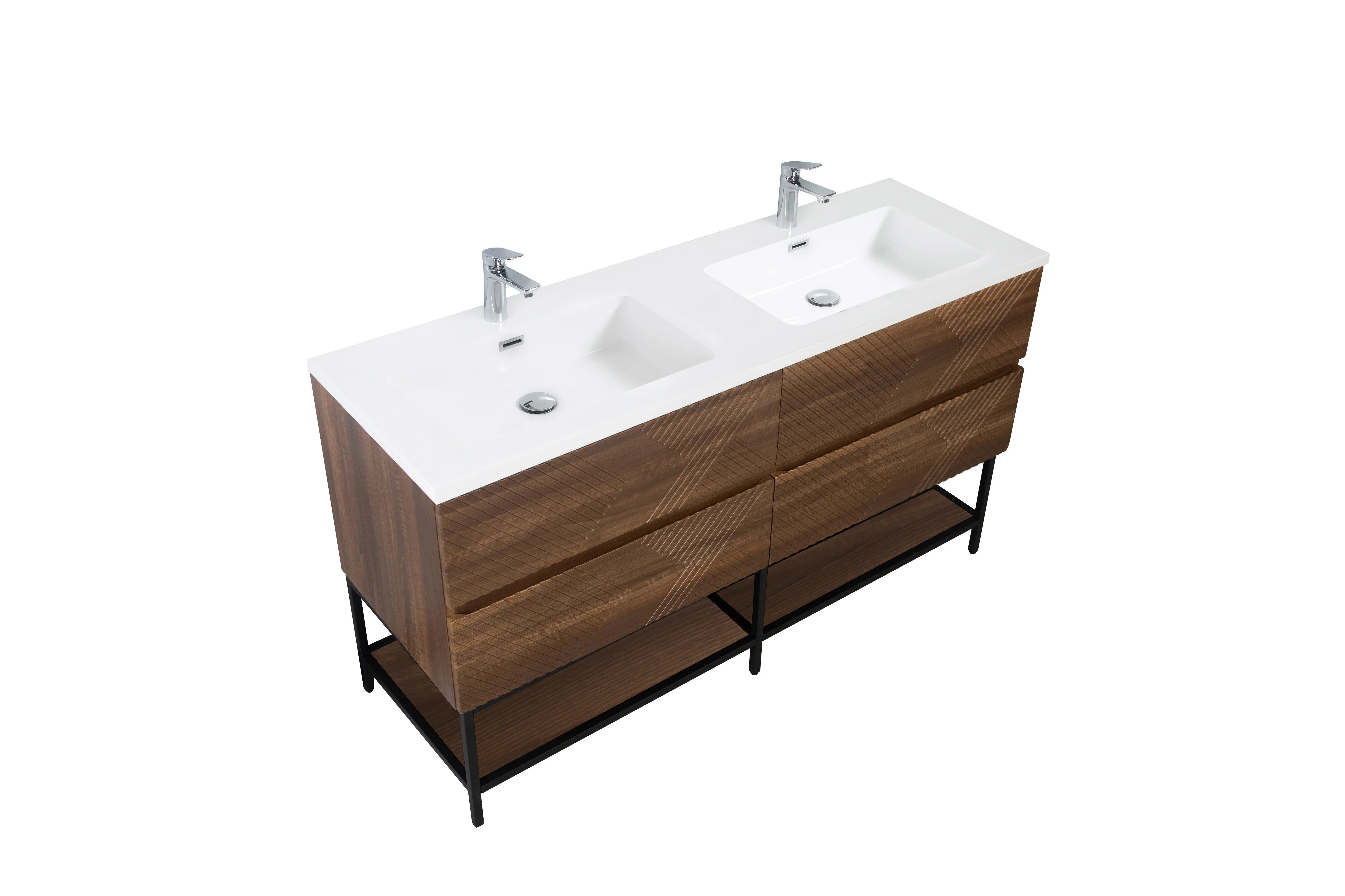 60" Walnut Wall Mount Double Sink Bathroom Vanity with White Polymarble Countertop-Migration_Bathroom Vanities-DECOROLALA