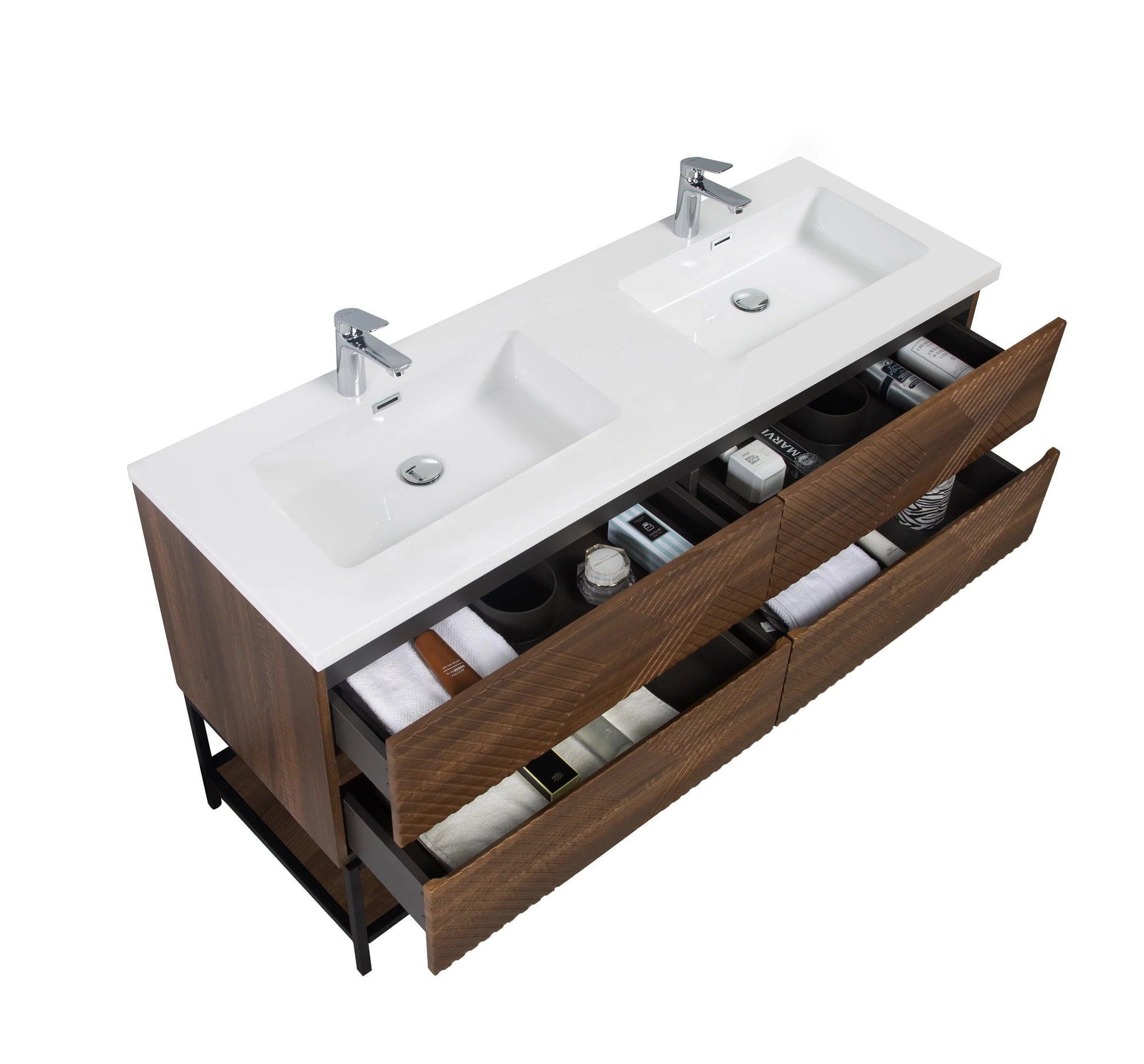 60" Walnut Wall Mount Double Sink Bathroom Vanity with White Polymarble Countertop-Migration_Bathroom Vanities-DECOROLALA
