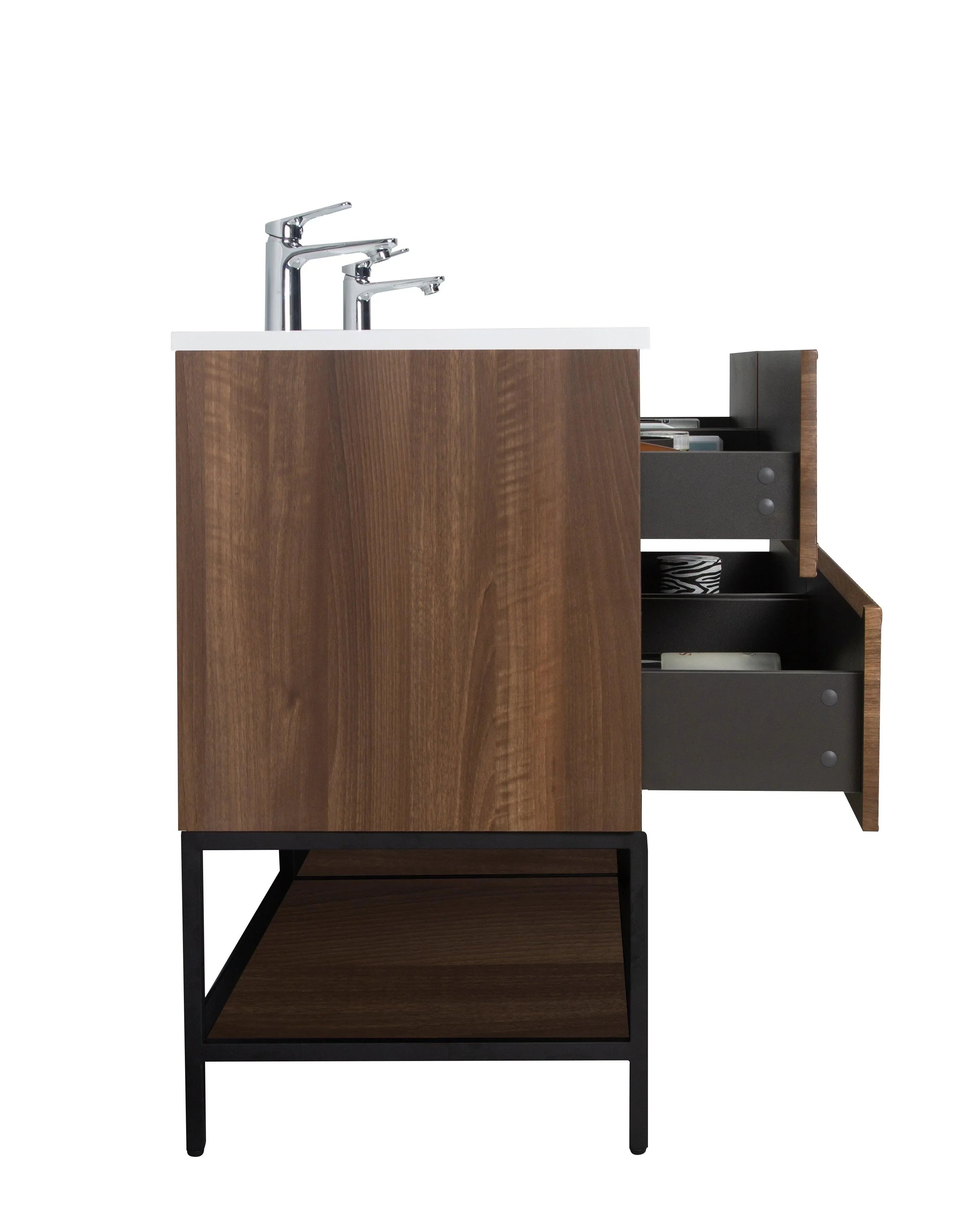 60" Walnut Wall Mount Double Sink Bathroom Vanity with White Polymarble Countertop-Migration_Bathroom Vanities-DECOROLALA