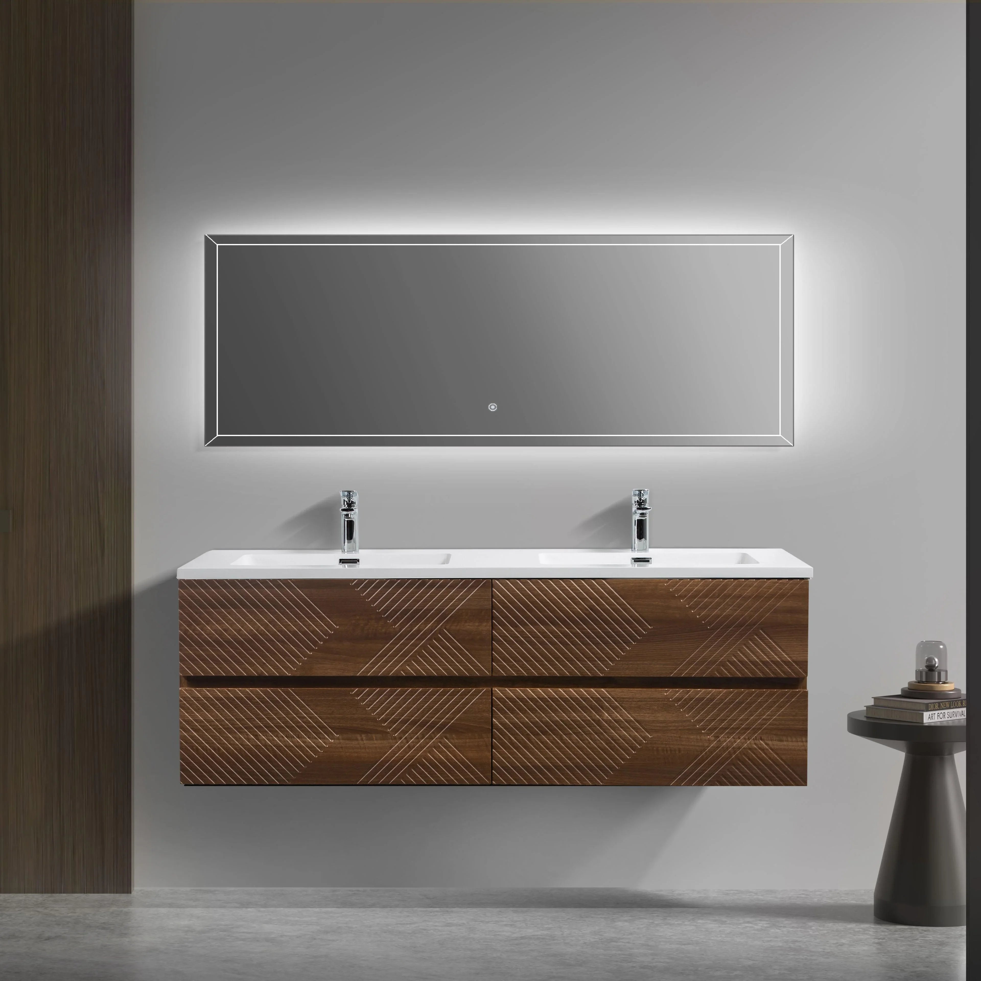 60" Walnut Wall Mount Double Sink Bathroom Vanity with White Polymarble Countertop-Migration_Bathroom Vanities-DECOROLALA