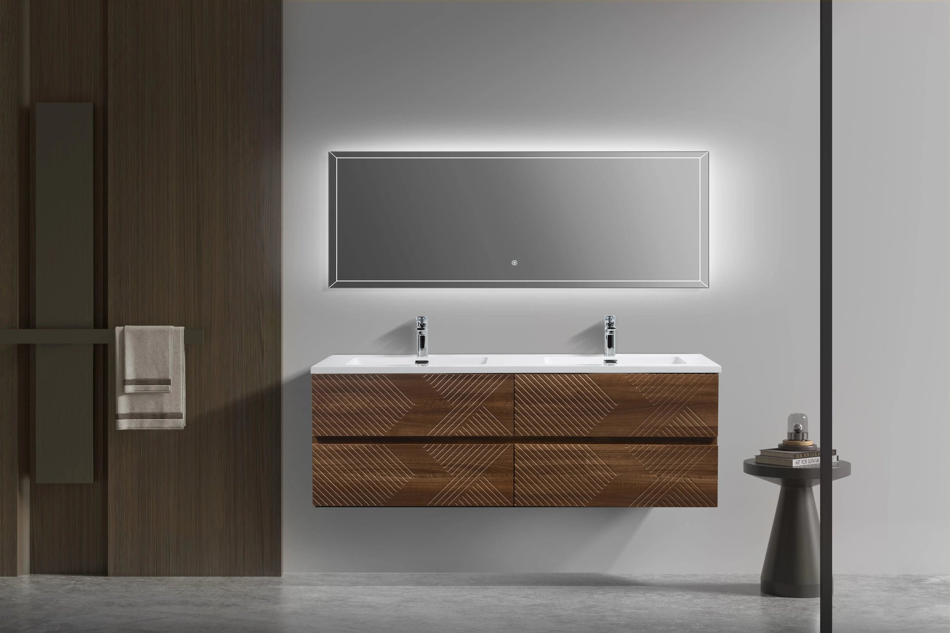 60" Walnut Wall Mount Double Sink Bathroom Vanity with White Polymarble Countertop-Migration_Bathroom Vanities-DECOROLALA