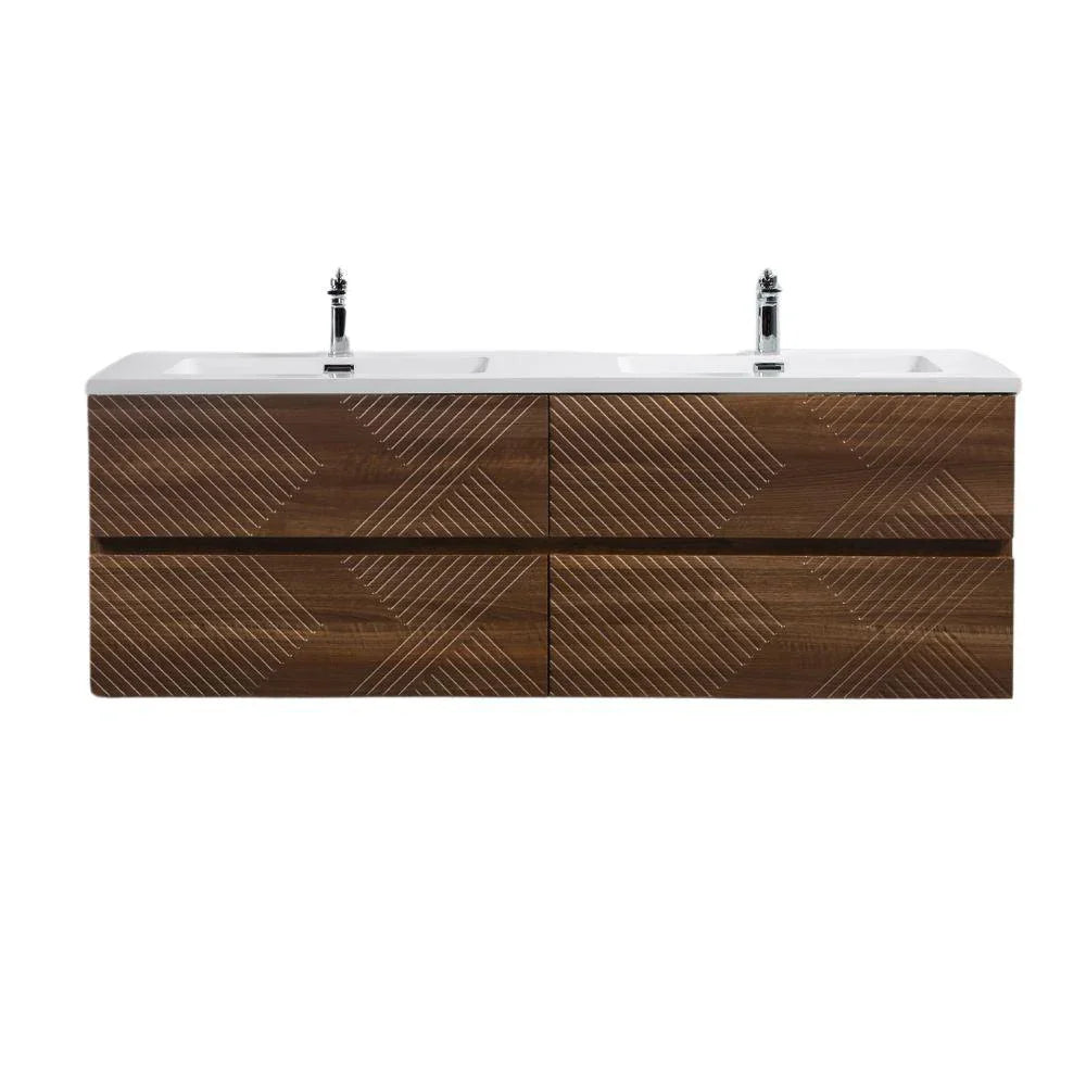 60" Walnut Wall Mount Double Sink Bathroom Vanity with White Polymarble Countertop-Migration_Bathroom Vanities-DECOROLALA