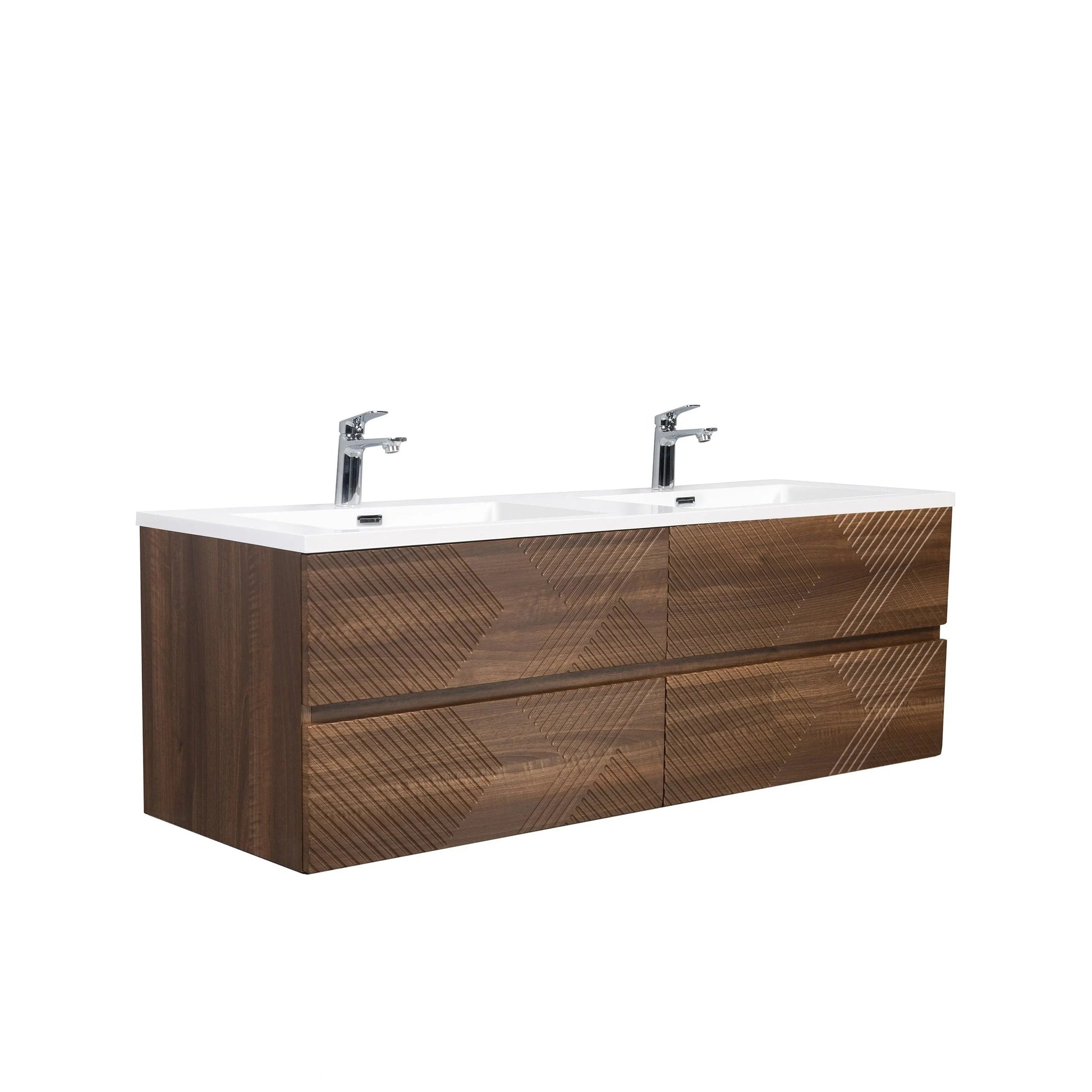 60" Walnut Wall Mount Double Sink Bathroom Vanity with White Polymarble Countertop-Migration_Bathroom Vanities-DECOROLALA