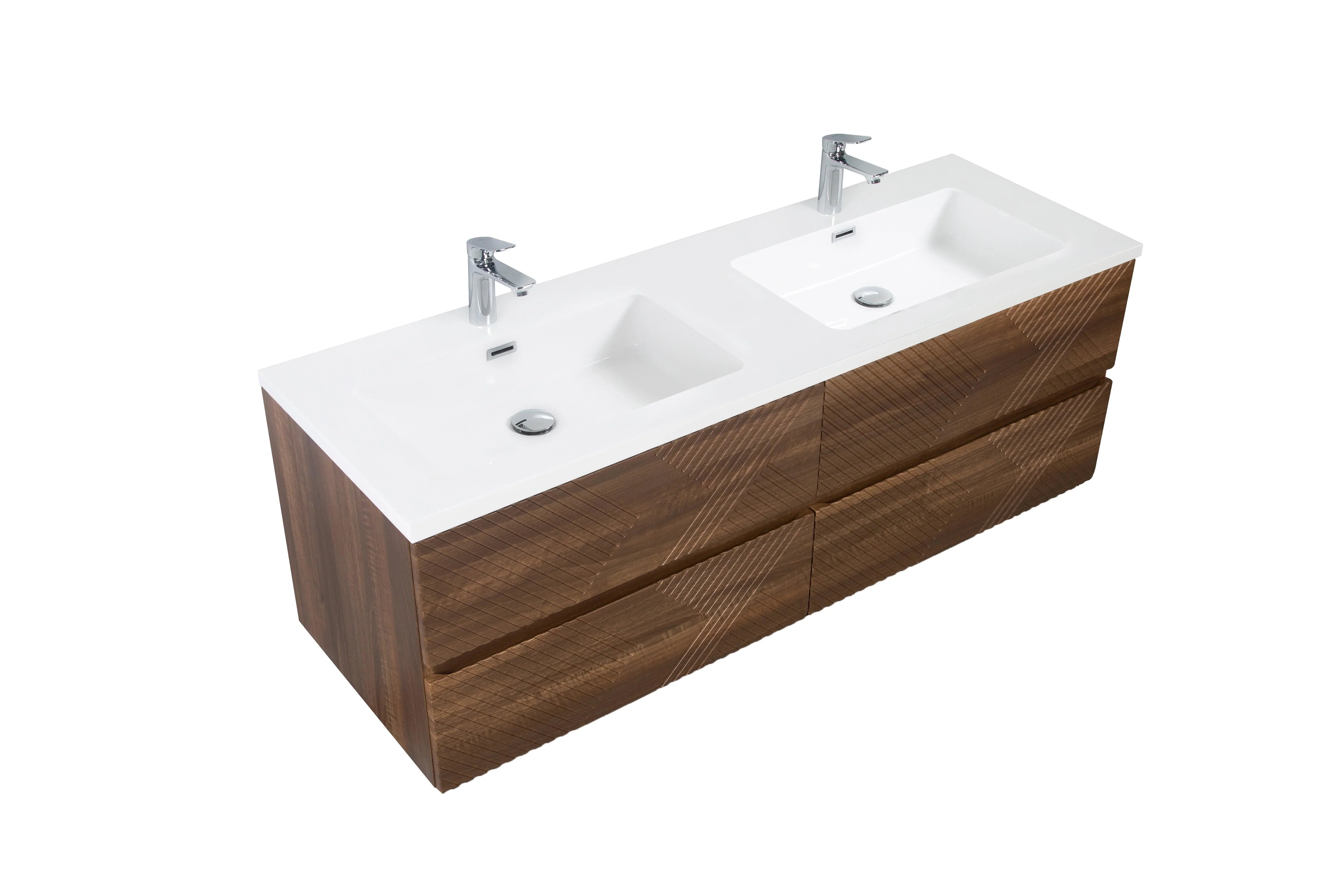 60" Walnut Wall Mount Double Sink Bathroom Vanity with White Polymarble Countertop-Migration_Bathroom Vanities-DECOROLALA