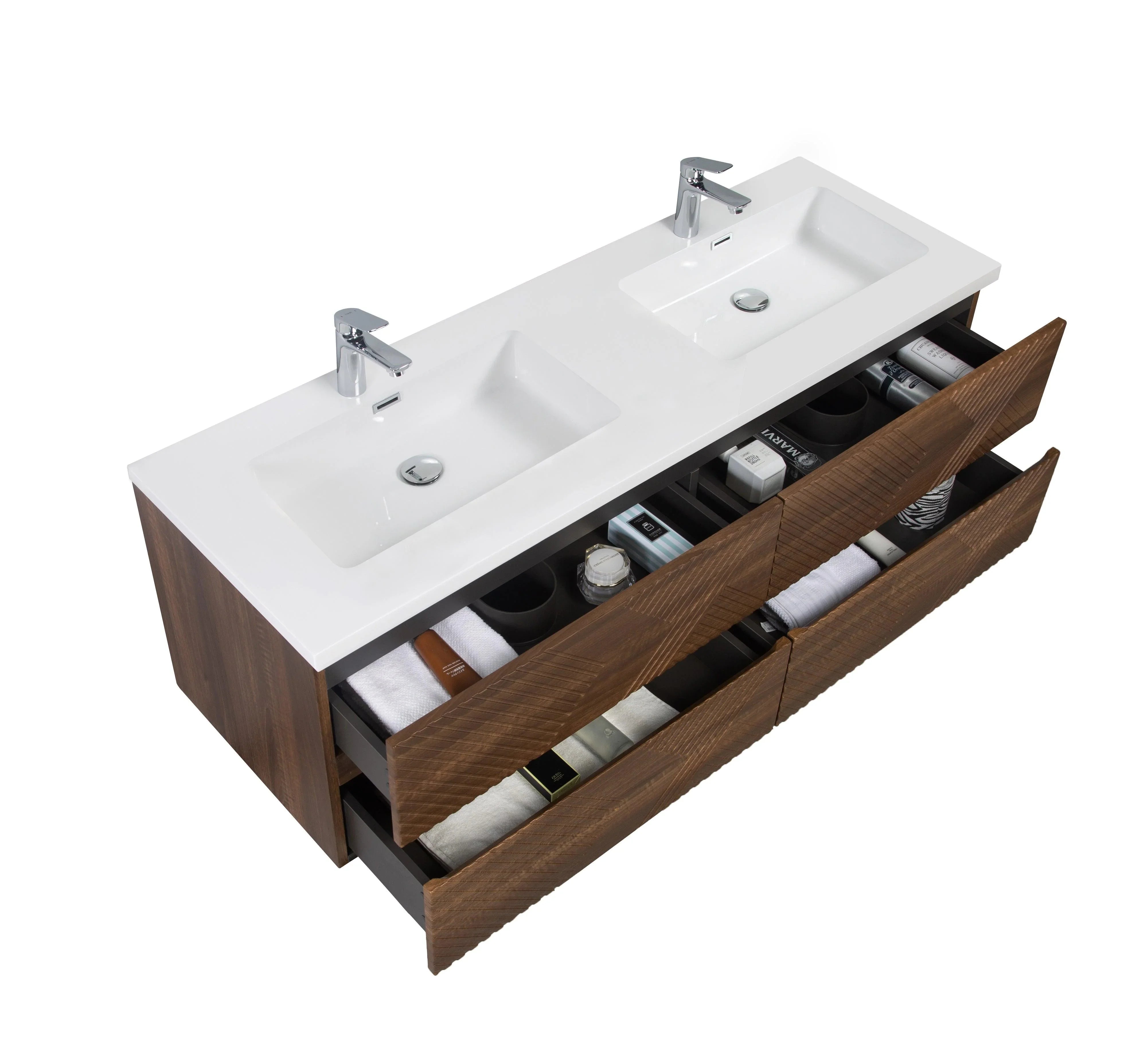 60" Walnut Wall Mount Double Sink Bathroom Vanity with White Polymarble Countertop-Migration_Bathroom Vanities-DECOROLALA