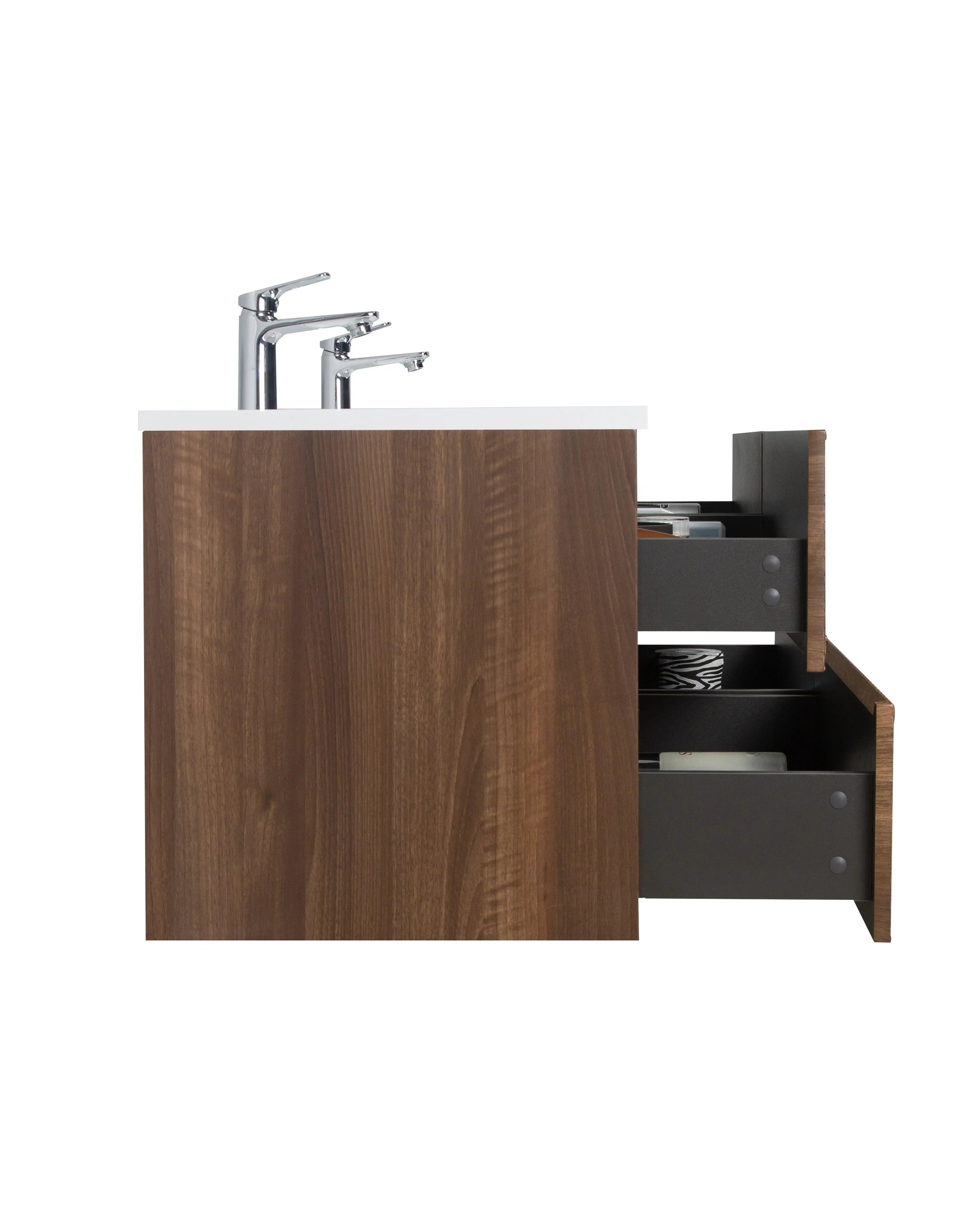 60" Walnut Wall Mount Double Sink Bathroom Vanity with White Polymarble Countertop-Migration_Bathroom Vanities-DECOROLALA