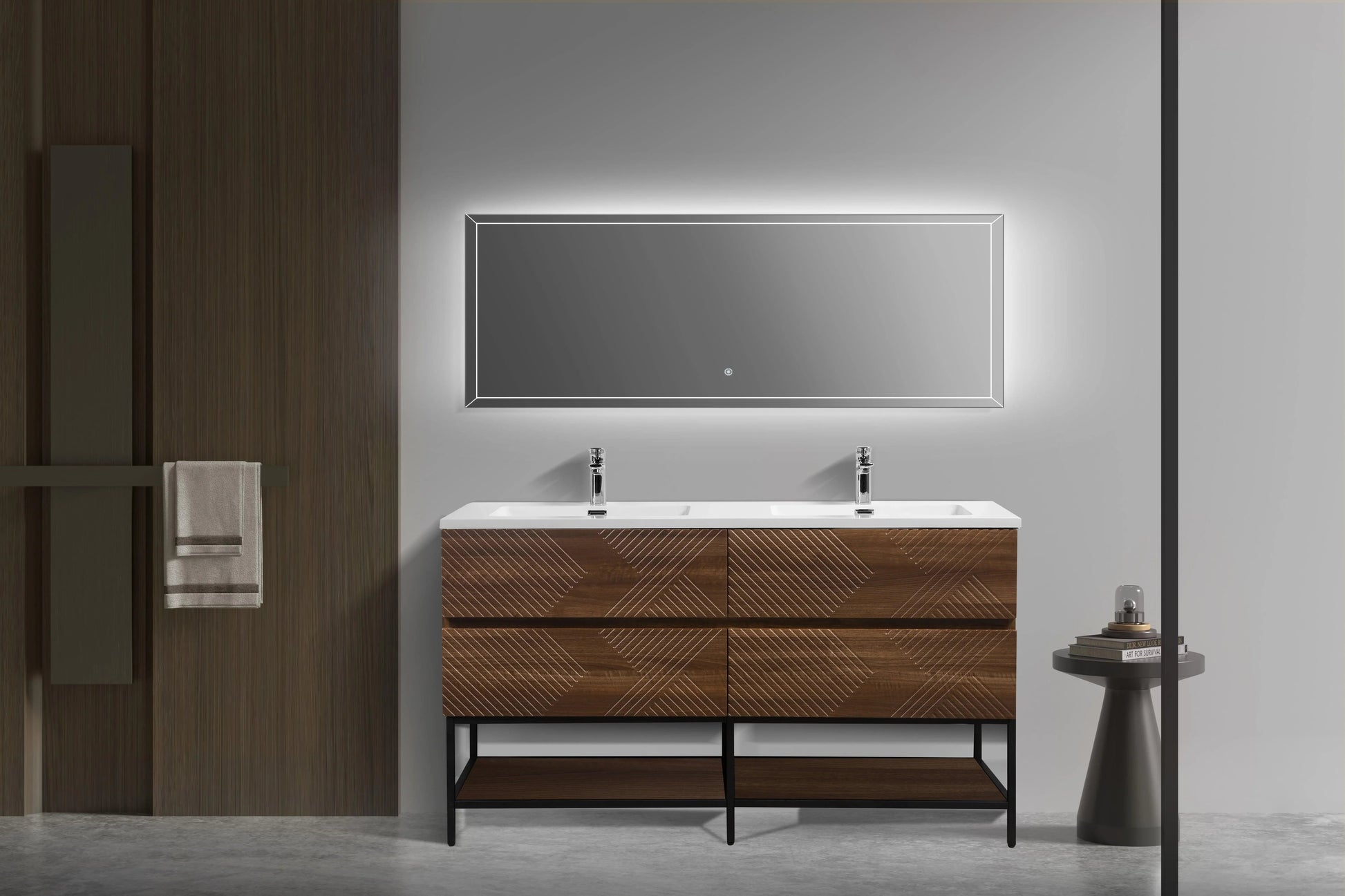 60" Walnut Wall Mount Double Sink Bathroom Vanity with White Polymarble Countertop-Migration_Bathroom Vanities-DECOROLALA