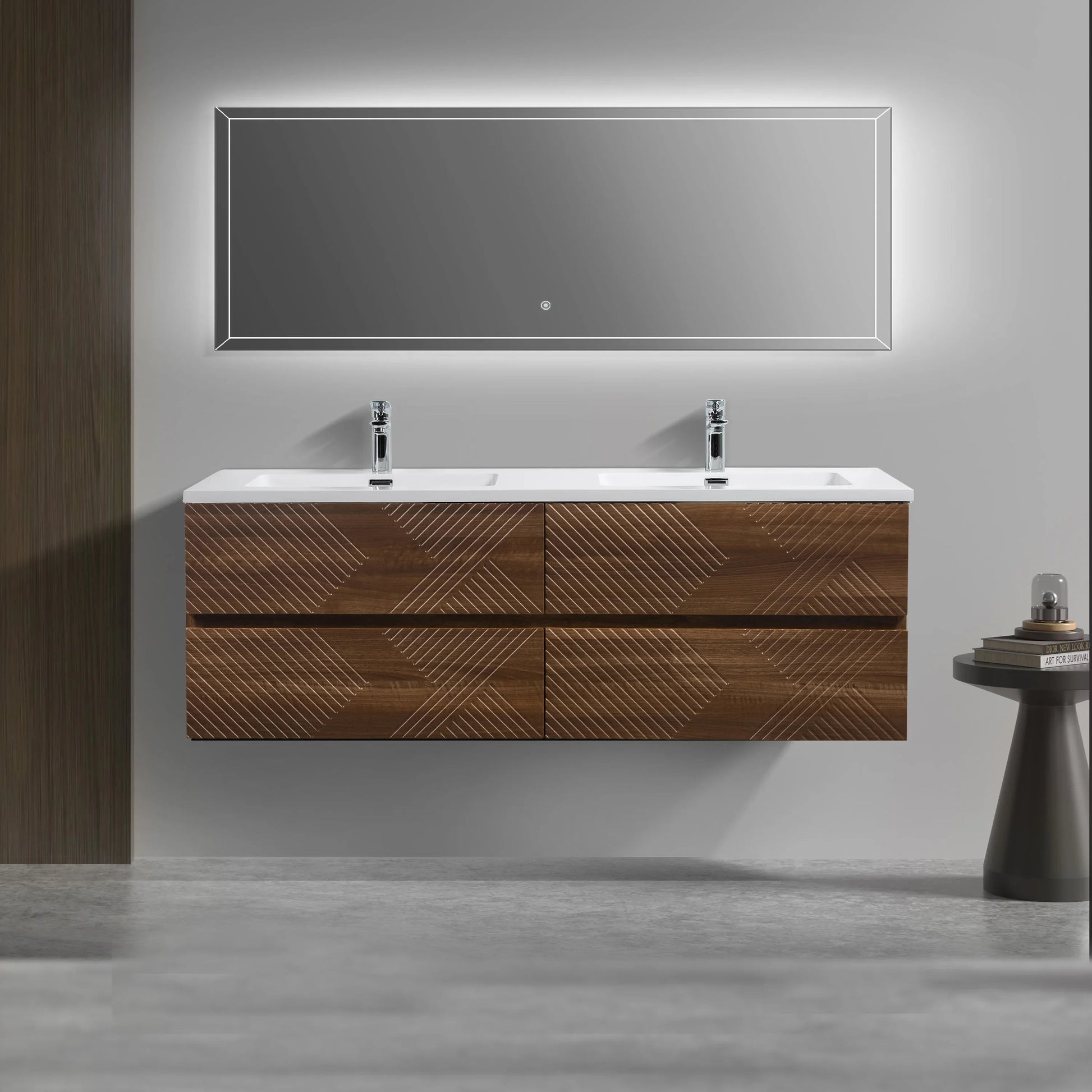 60" Walnut Wall Mount Double Sink Bathroom Vanity with White Polymarble Countertop-Migration_Bathroom Vanities-DECOROLALA
