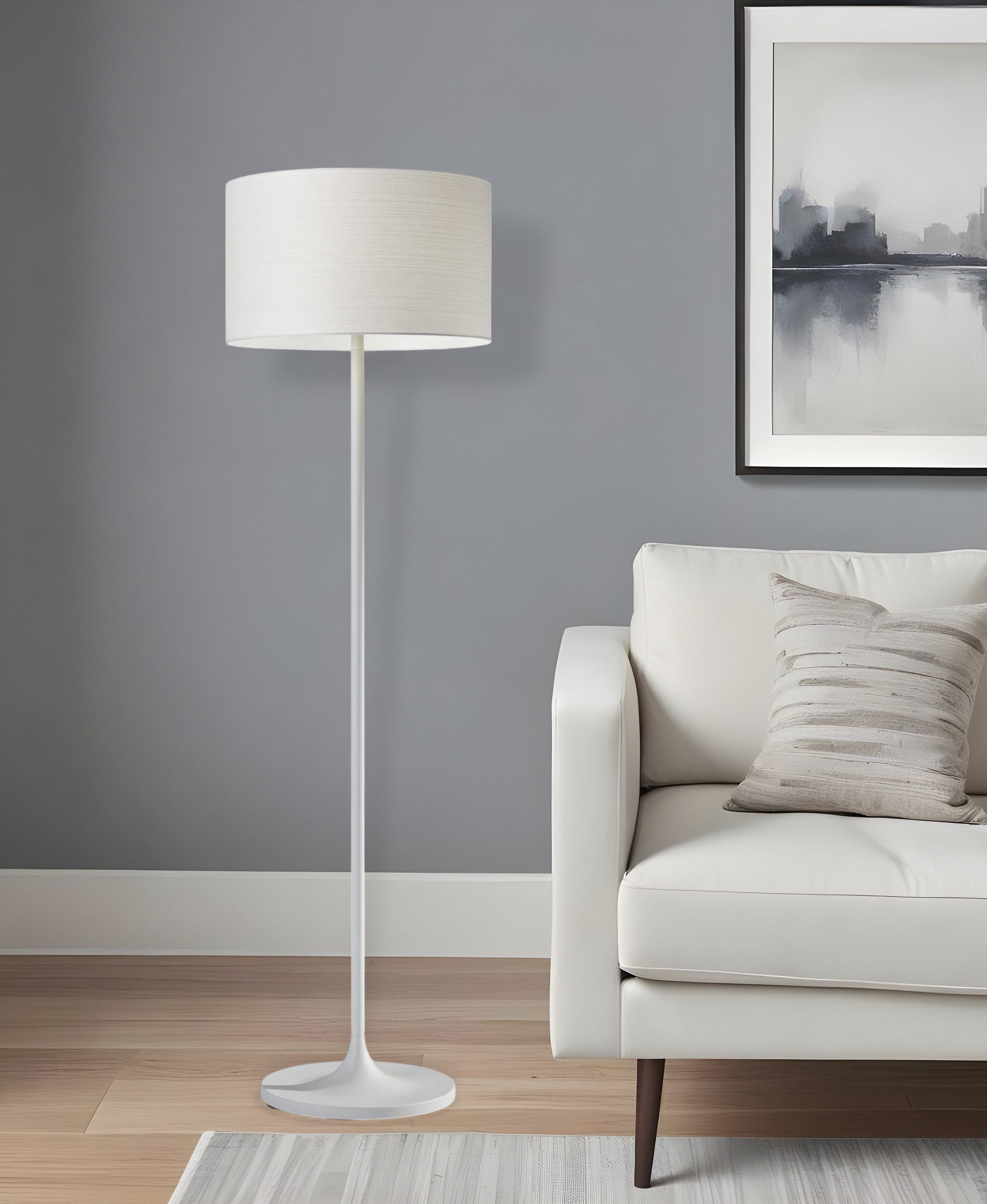 60" White Floor Lamp With White Fabric Drum Shade-Floor Lamps-DECOROLALA