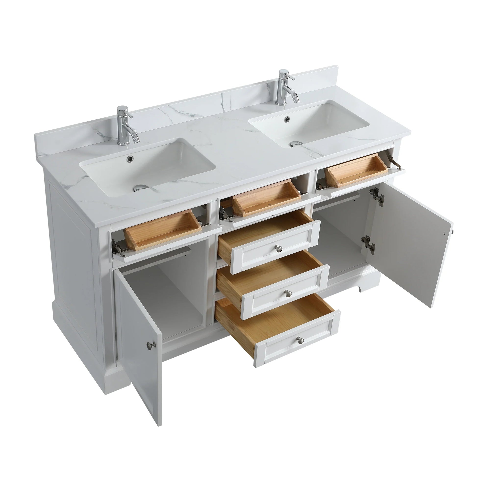 60" White Freestanding Double Sink Bathroom Vanity with Engineered Calcutta Marble Countertop-Migration_Bathroom Vanities-DECOROLALA