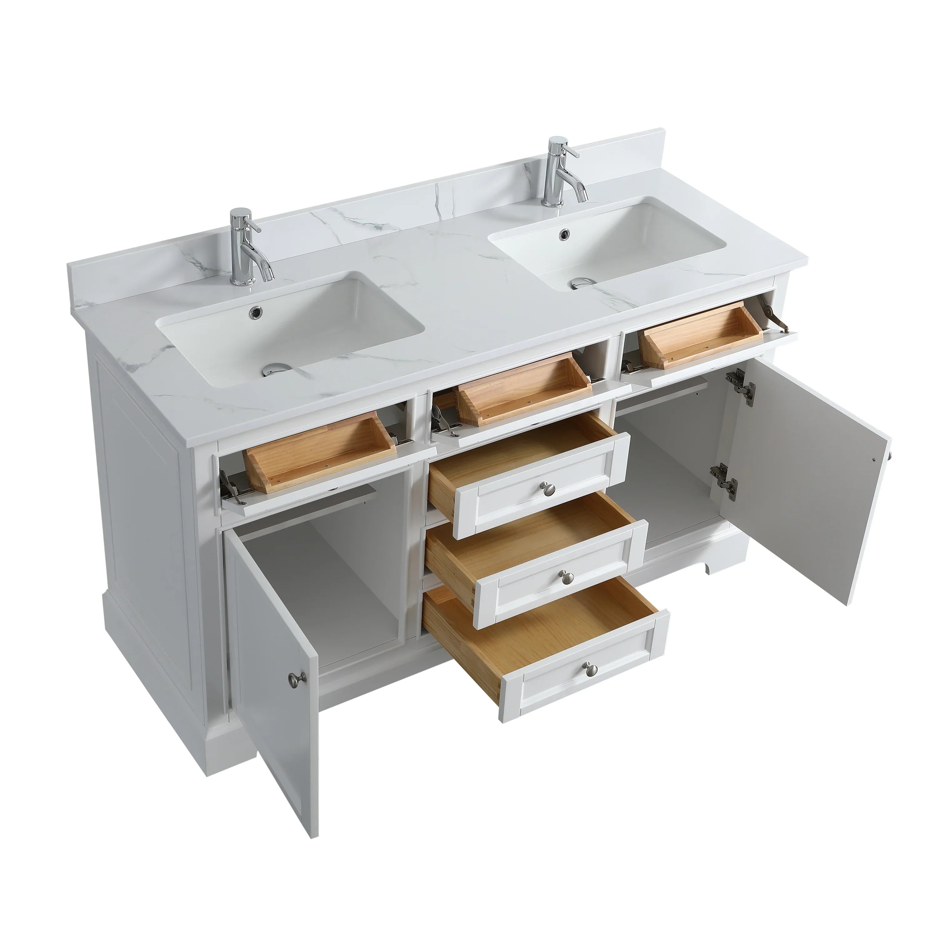 60" White Freestanding Double Sink Bathroom Vanity with Engineered Calcutta Marble Countertop-Migration_Bathroom Vanities-DECOROLALA