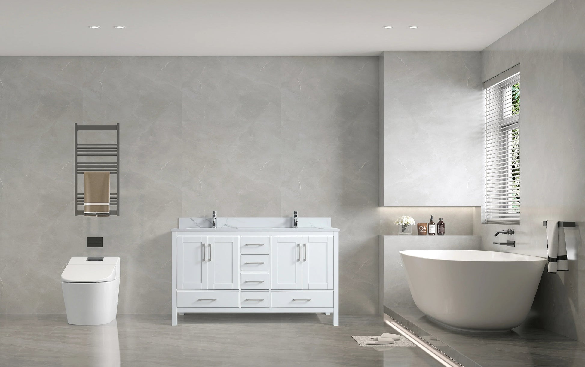 60" White Freestanding Double Sink Bathroom Vanity with Engineered Calcutta Marble Countertop-Migration_Bathroom Vanities-DECOROLALA