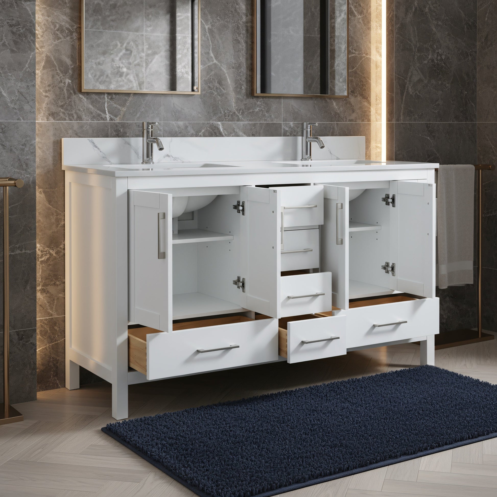 60" White Freestanding Double Sink Bathroom Vanity with Engineered Calcutta Marble Countertop-Migration_Bathroom Vanities-DECOROLALA