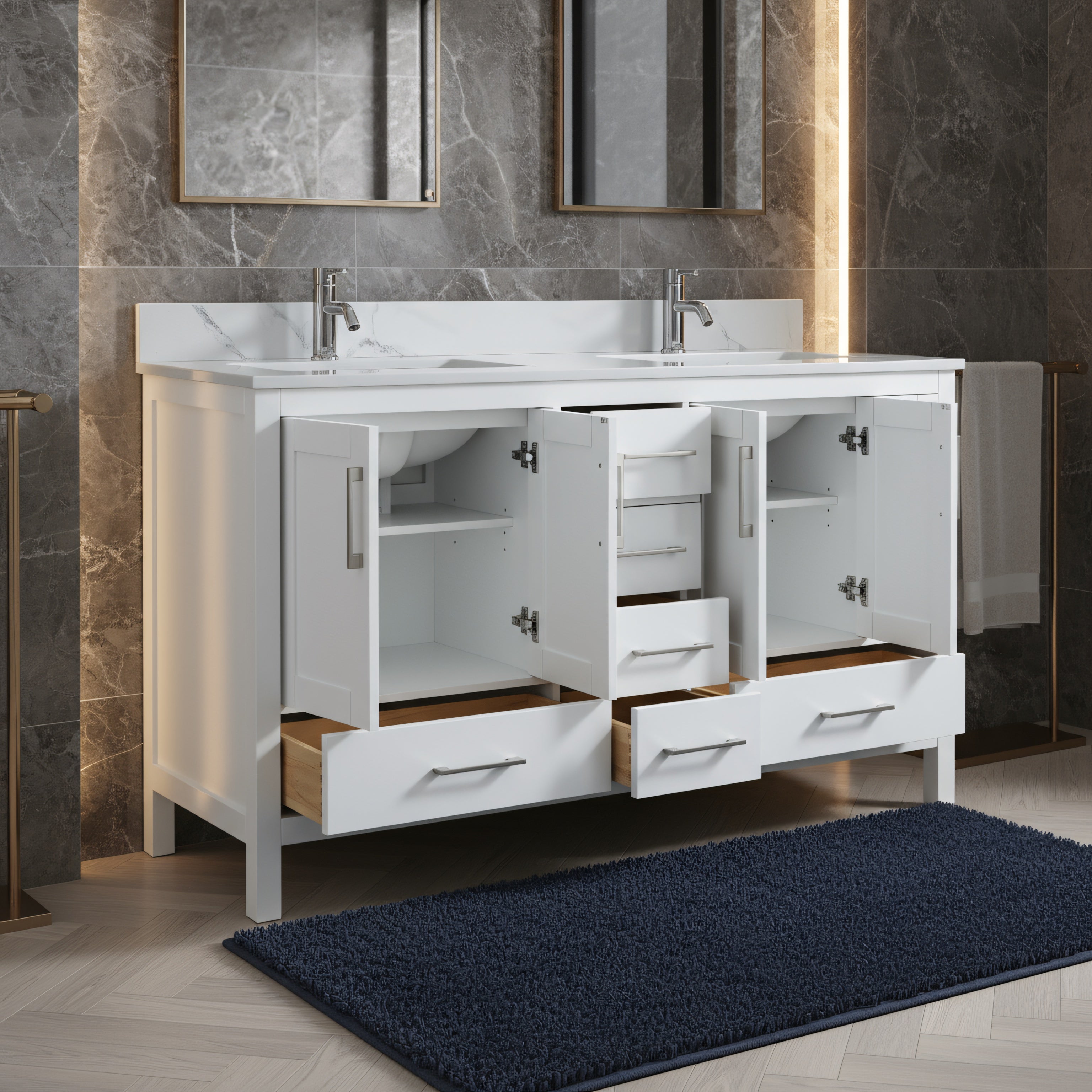 60" White Freestanding Double Sink Bathroom Vanity with Engineered Calcutta Marble Countertop-Migration_Bathroom Vanities-DECOROLALA