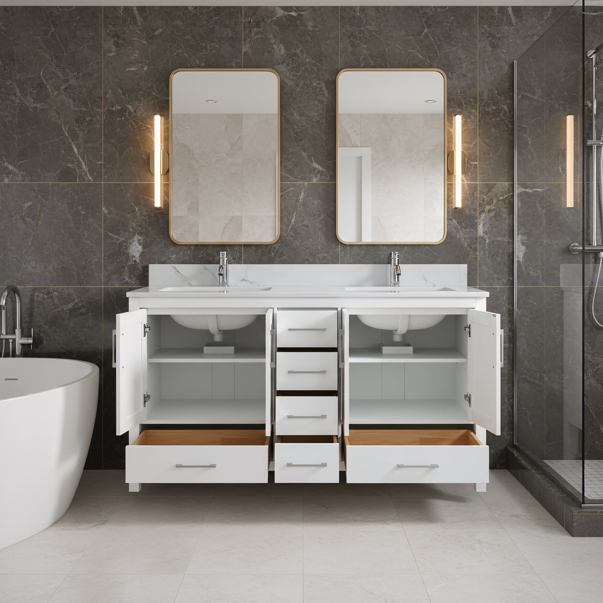 60" White Freestanding Double Sink Bathroom Vanity with Engineered Calcutta Marble Countertop-Migration_Bathroom Vanities-DECOROLALA