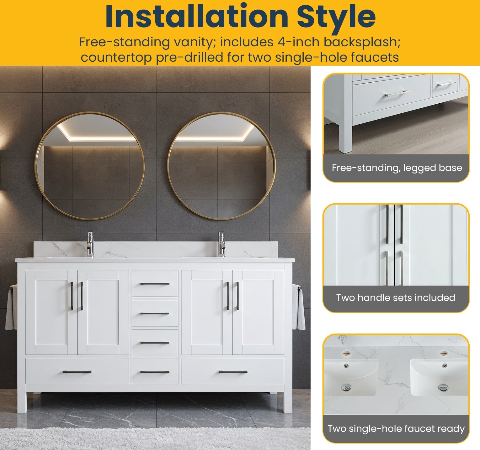 60" White Freestanding Double Sink Bathroom Vanity with Engineered Calcutta Marble Countertop-Migration_Bathroom Vanities-DECOROLALA