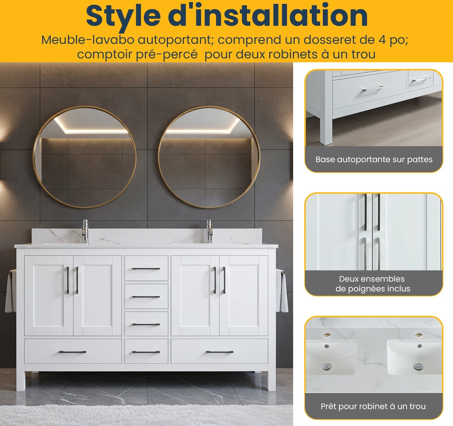 60" White Freestanding Double Sink Bathroom Vanity with Engineered Calcutta Marble Countertop-Migration_Bathroom Vanities-DECOROLALA