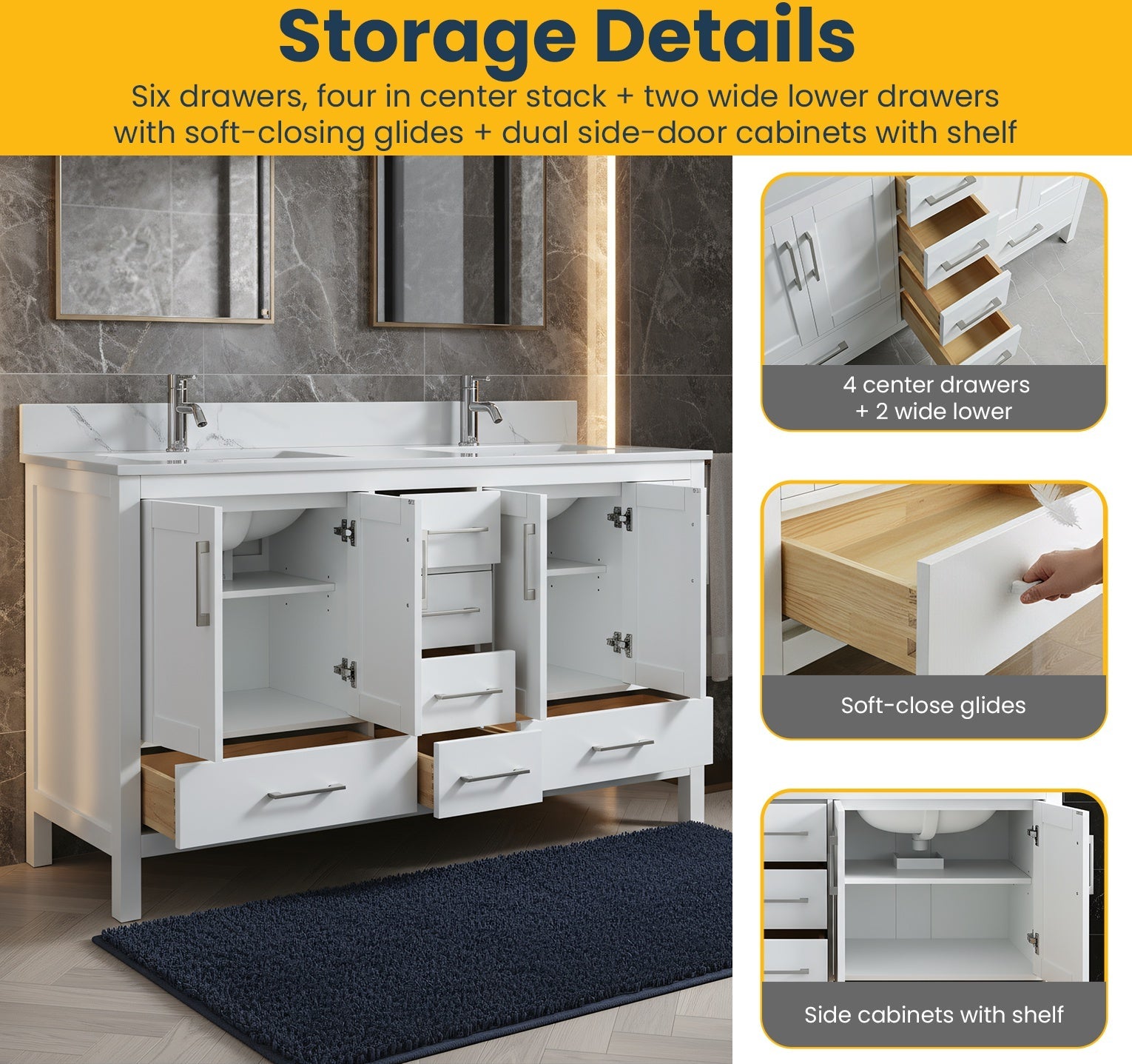 60" White Freestanding Double Sink Bathroom Vanity with Engineered Calcutta Marble Countertop-Migration_Bathroom Vanities-DECOROLALA