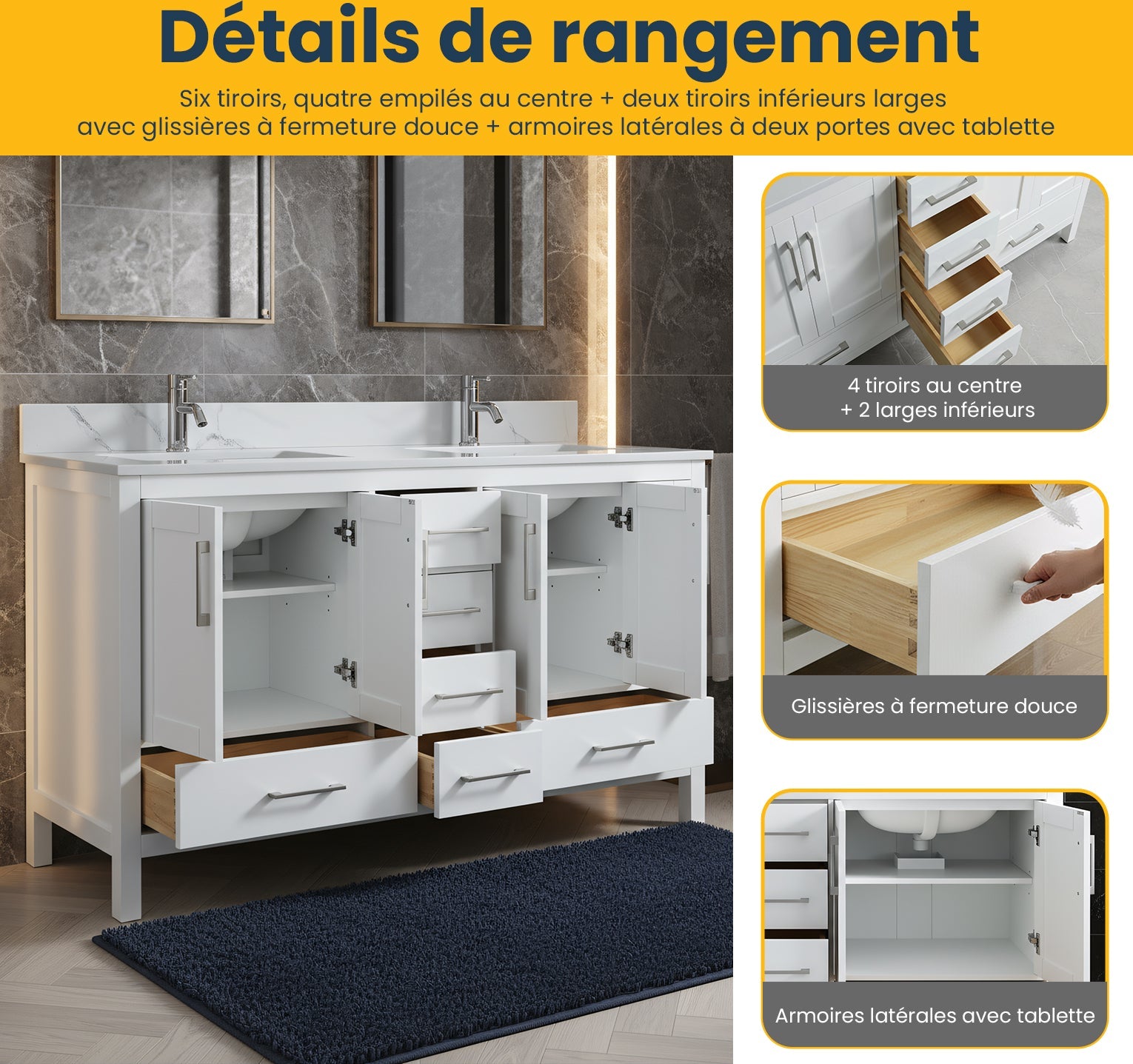 60" White Freestanding Double Sink Bathroom Vanity with Engineered Calcutta Marble Countertop-Migration_Bathroom Vanities-DECOROLALA