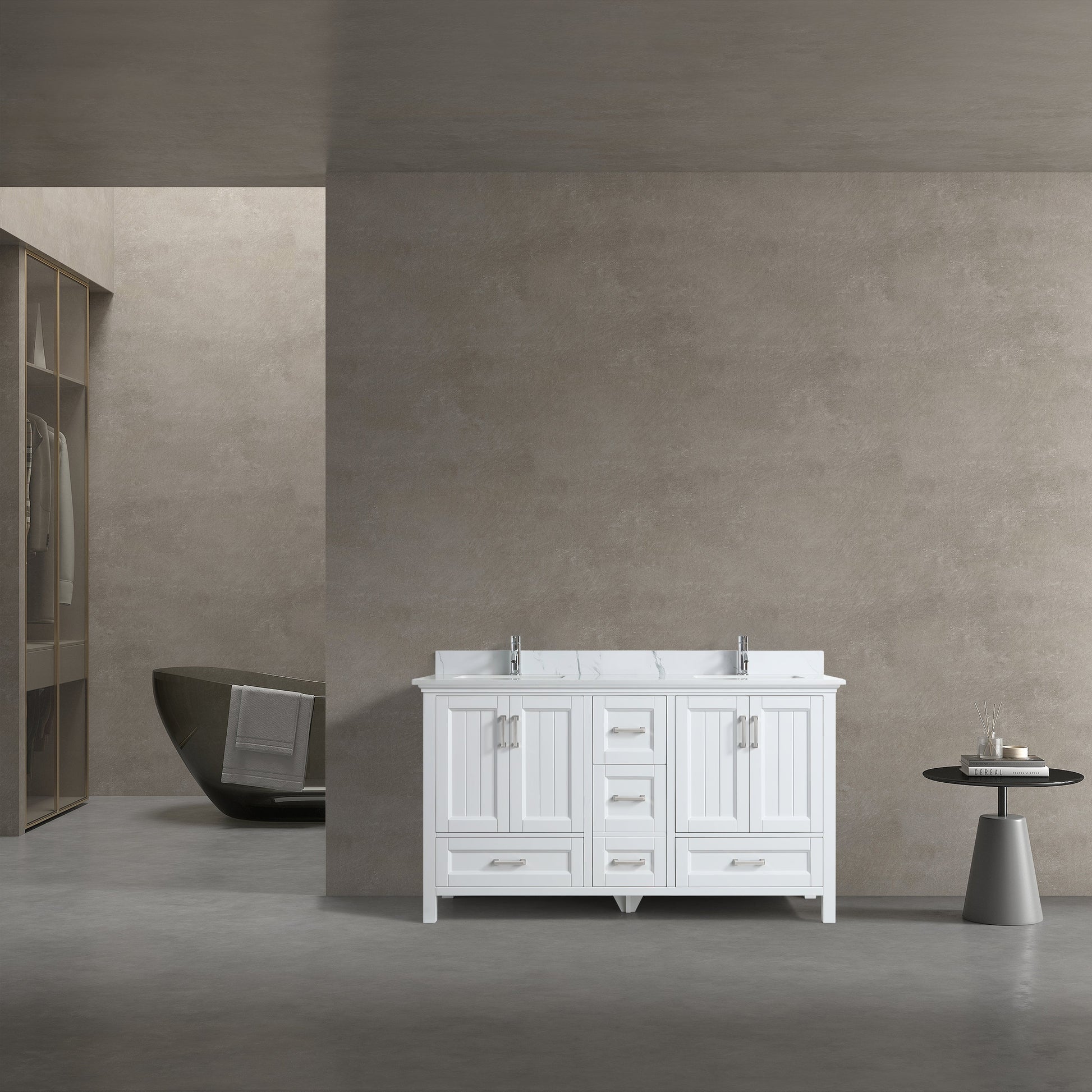 60" White Freestanding Double Sink Bathroom Vanity with Engineered Calcutta Marble Countertop-Migration_Bathroom Vanities-DECOROLALA