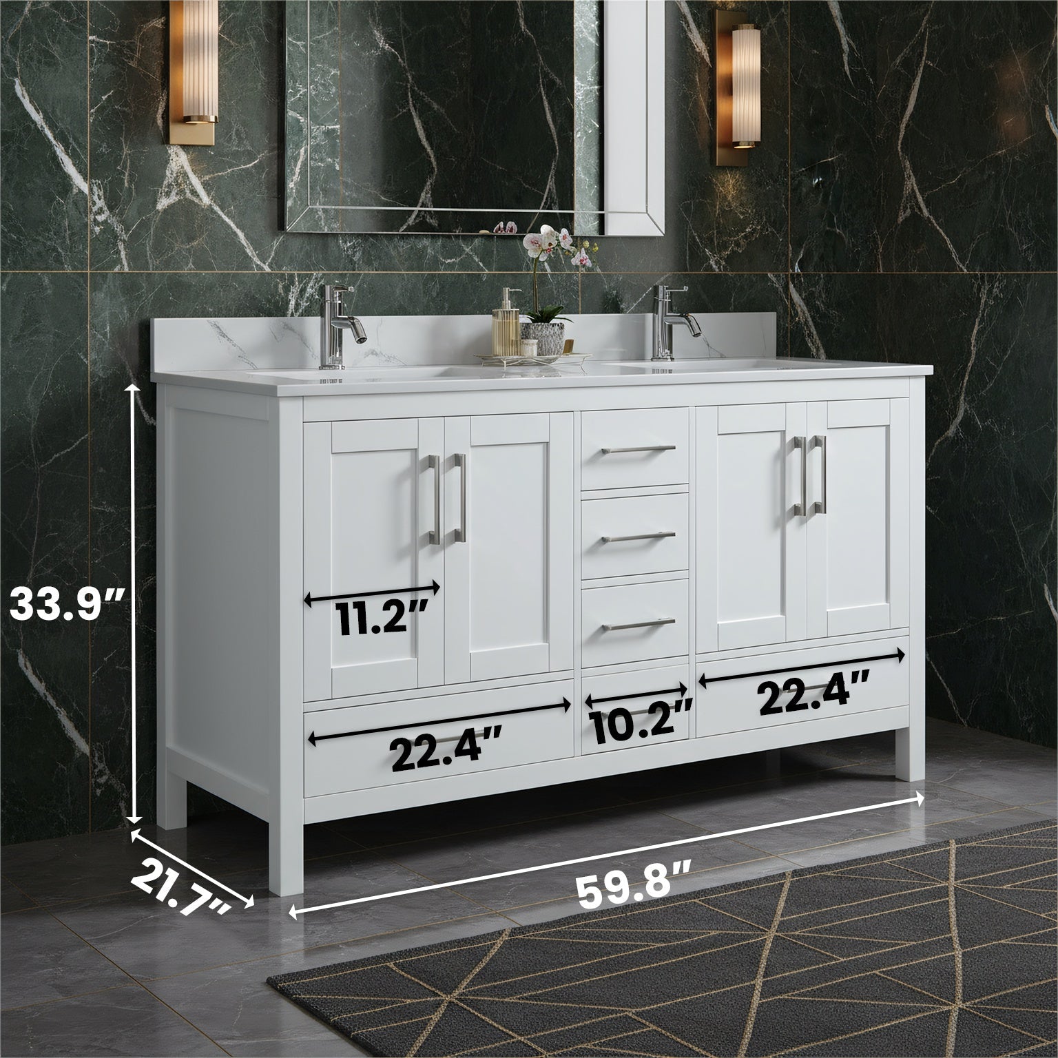 60" White Freestanding Double Sink Bathroom Vanity with Engineered Calcutta Marble Countertop-Migration_Bathroom Vanities-DECOROLALA