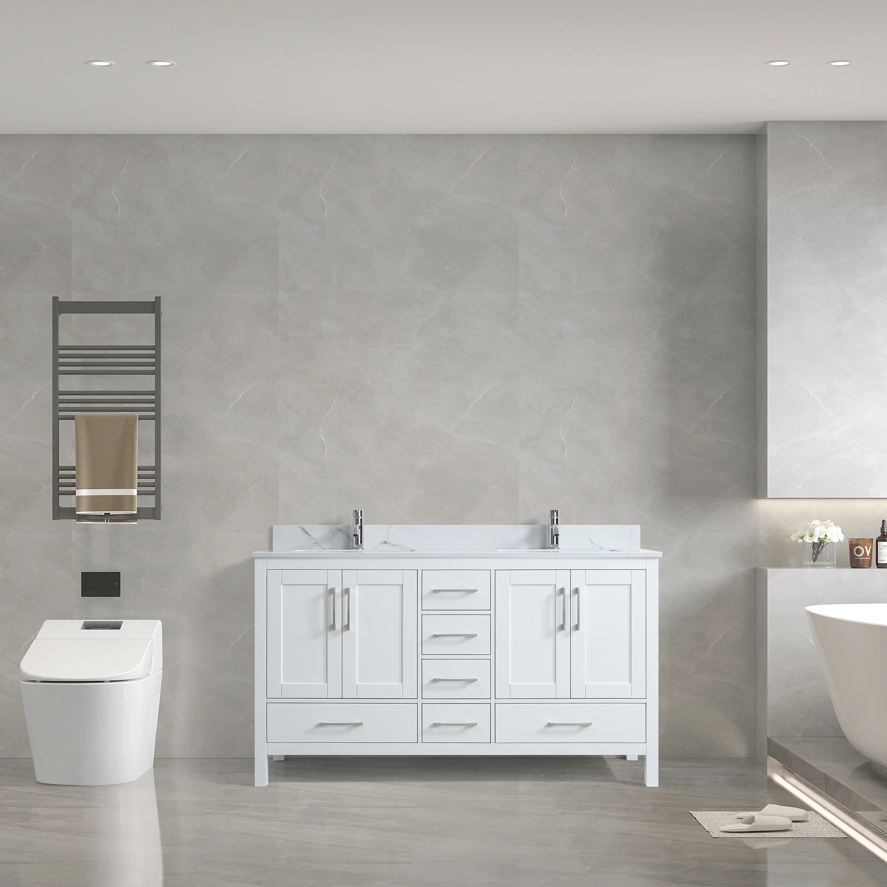 60" White Freestanding Double Sink Bathroom Vanity with Engineered Calcutta Marble Countertop-Migration_Bathroom Vanities-DECOROLALA