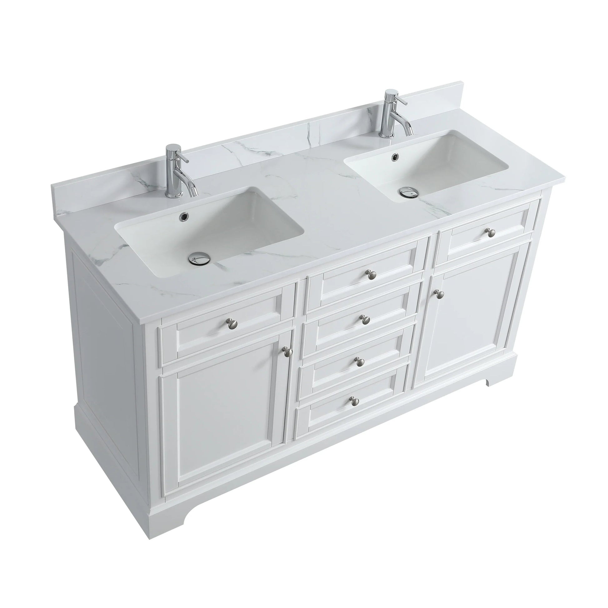 60" White Freestanding Double Sink Bathroom Vanity with Engineered Calcutta Marble Countertop-Migration_Bathroom Vanities-DECOROLALA