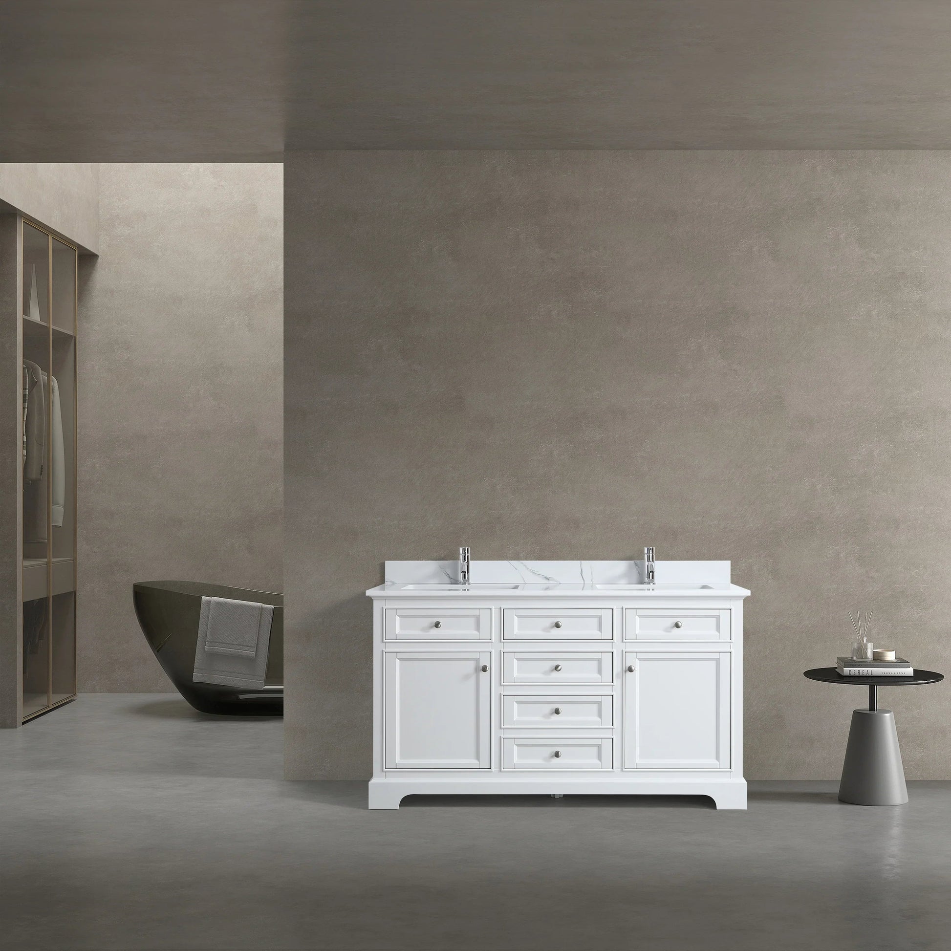 60" White Freestanding Double Sink Bathroom Vanity with Engineered Calcutta Marble Countertop-Migration_Bathroom Vanities-DECOROLALA