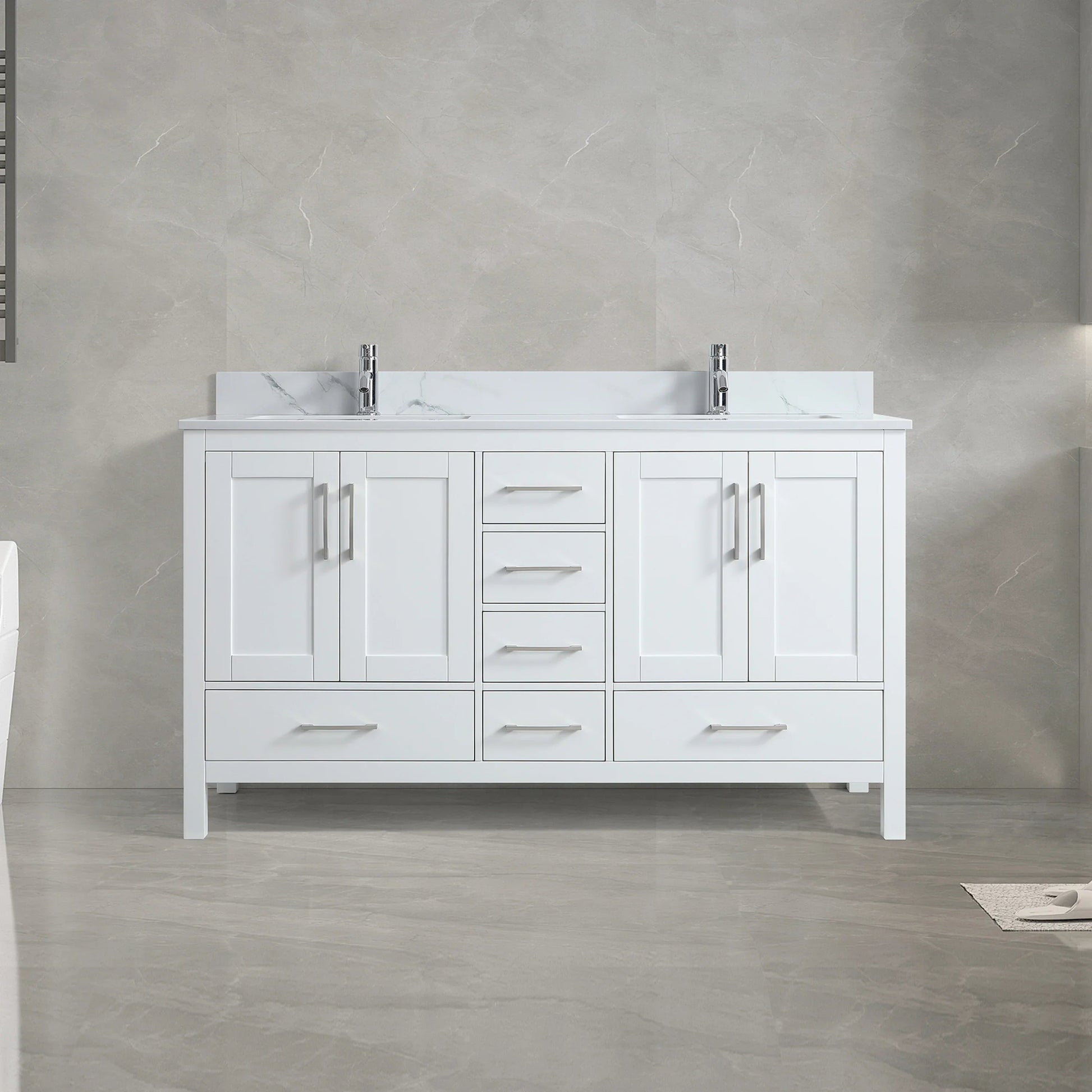 60" White Freestanding Double Sink Bathroom Vanity with Engineered Calcutta Marble Countertop-Migration_Bathroom Vanities-DECOROLALA