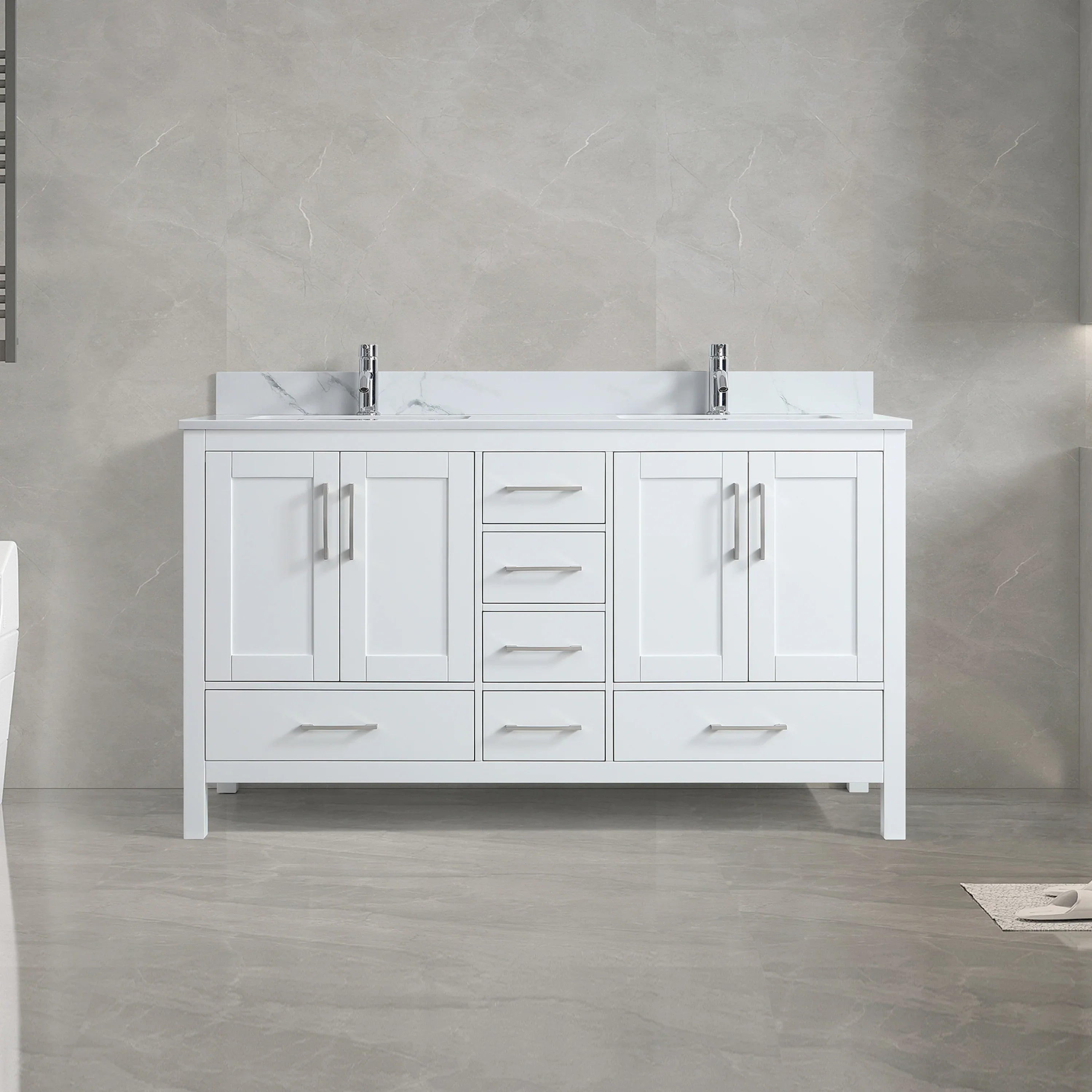 60" White Freestanding Double Sink Bathroom Vanity with Engineered Calcutta Marble Countertop-Migration_Bathroom Vanities-DECOROLALA