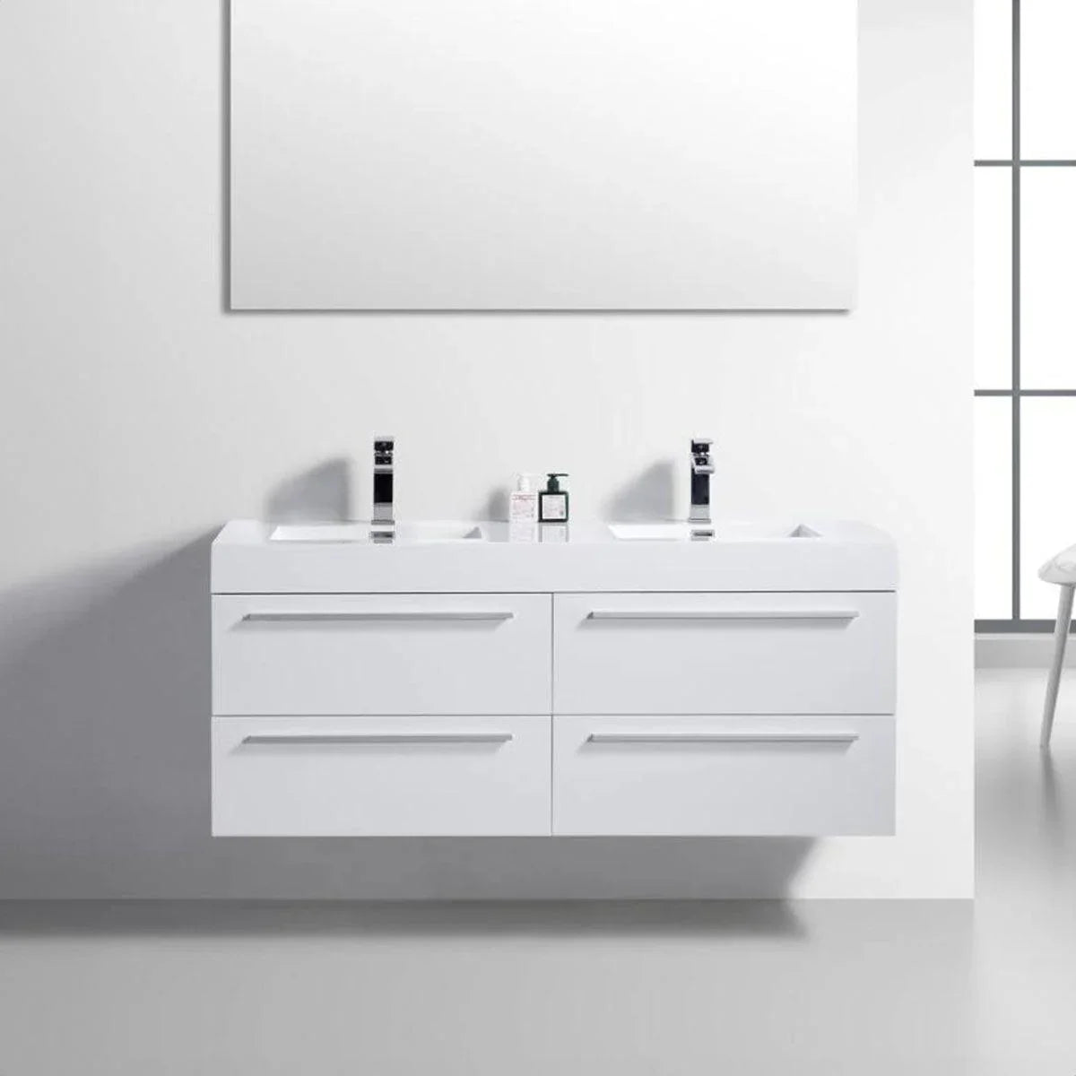 60" White Wall Mount Bathroom Vanity with White Polymarble Countertop-Migration_Bathroom Vanities-DECOROLALA