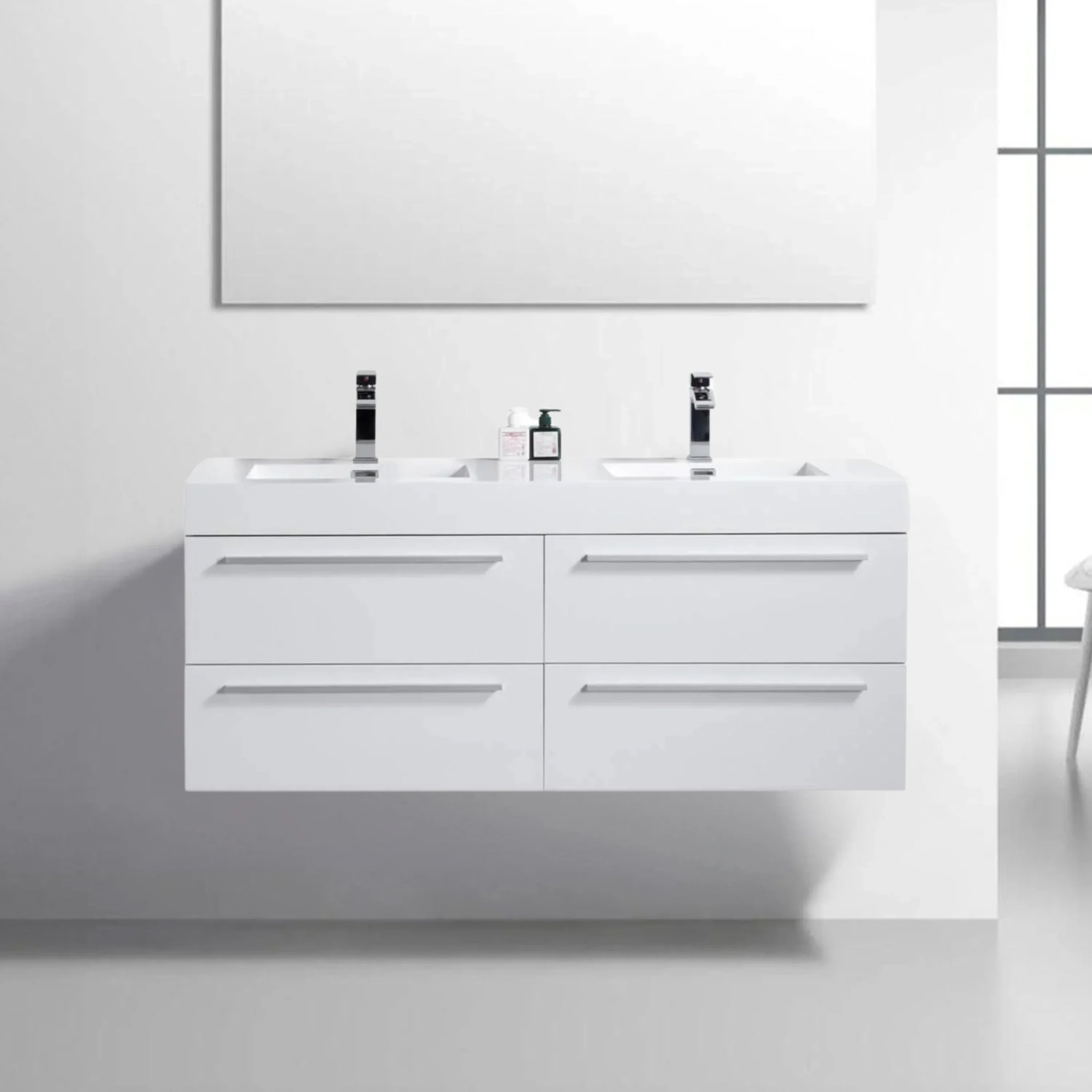 60" White Wall Mount Bathroom Vanity with White Polymarble Countertop-Migration_Bathroom Vanities-DECOROLALA