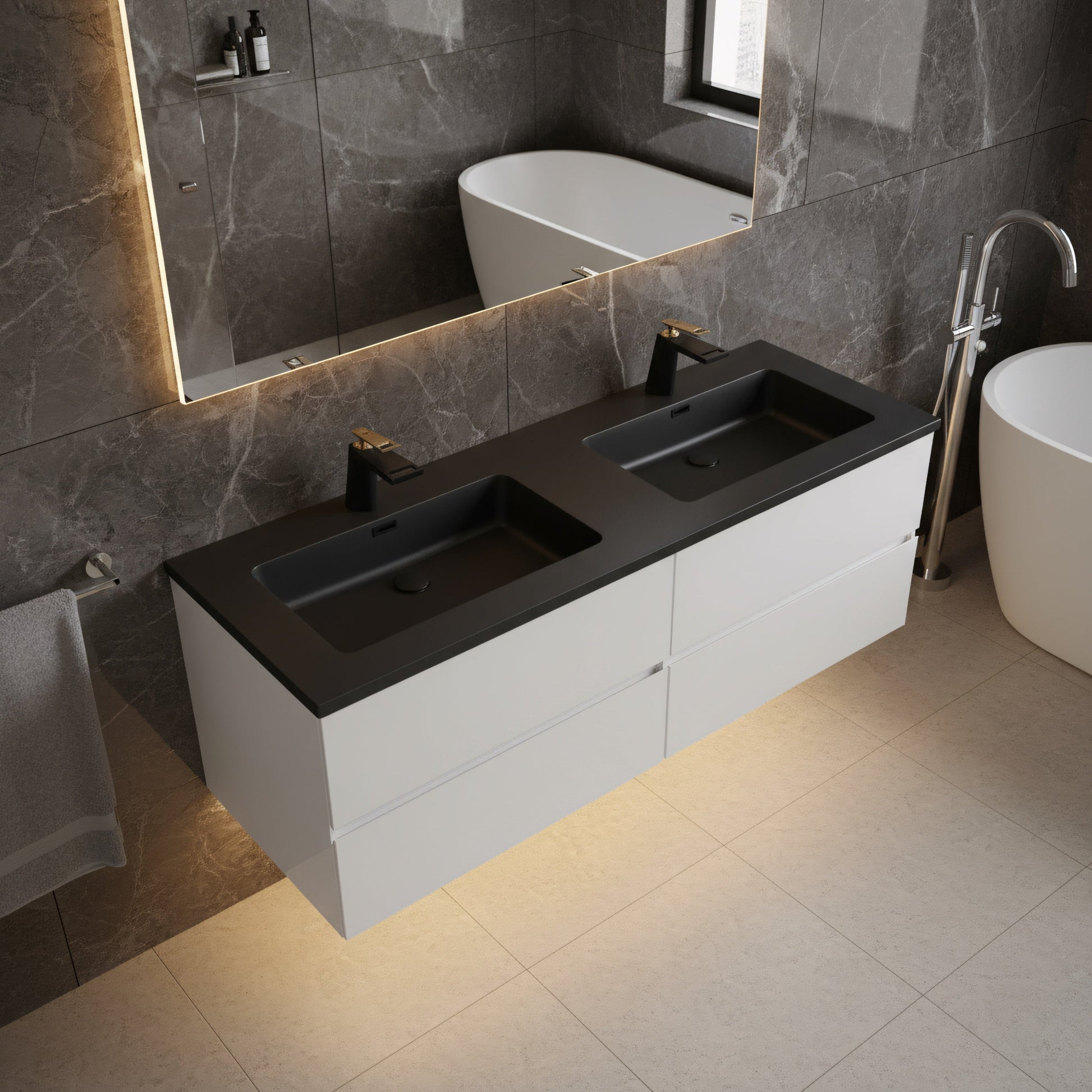 60" White Wall Mount Double Sink Bathroom Vanity with Black Engineered Quartz Countertop-Migration_Bathroom Vanities-DECOROLALA