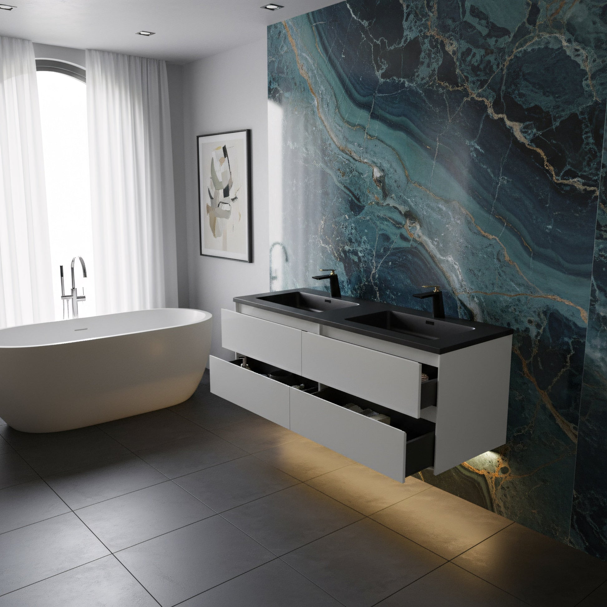 60" White Wall Mount Double Sink Bathroom Vanity with Black Engineered Quartz Countertop-Migration_Bathroom Vanities-DECOROLALA