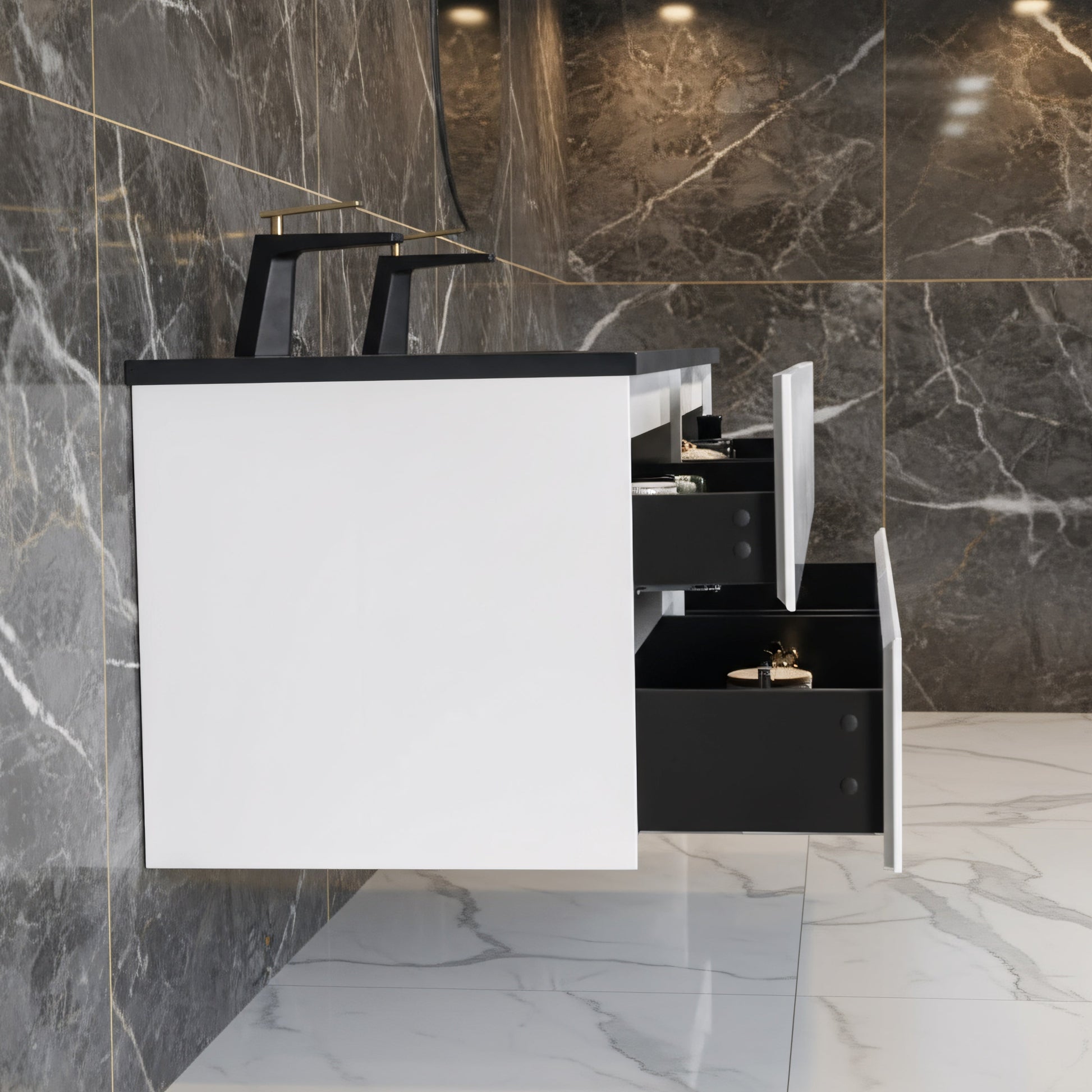 60" White Wall Mount Double Sink Bathroom Vanity with Black Engineered Quartz Countertop-Migration_Bathroom Vanities-DECOROLALA