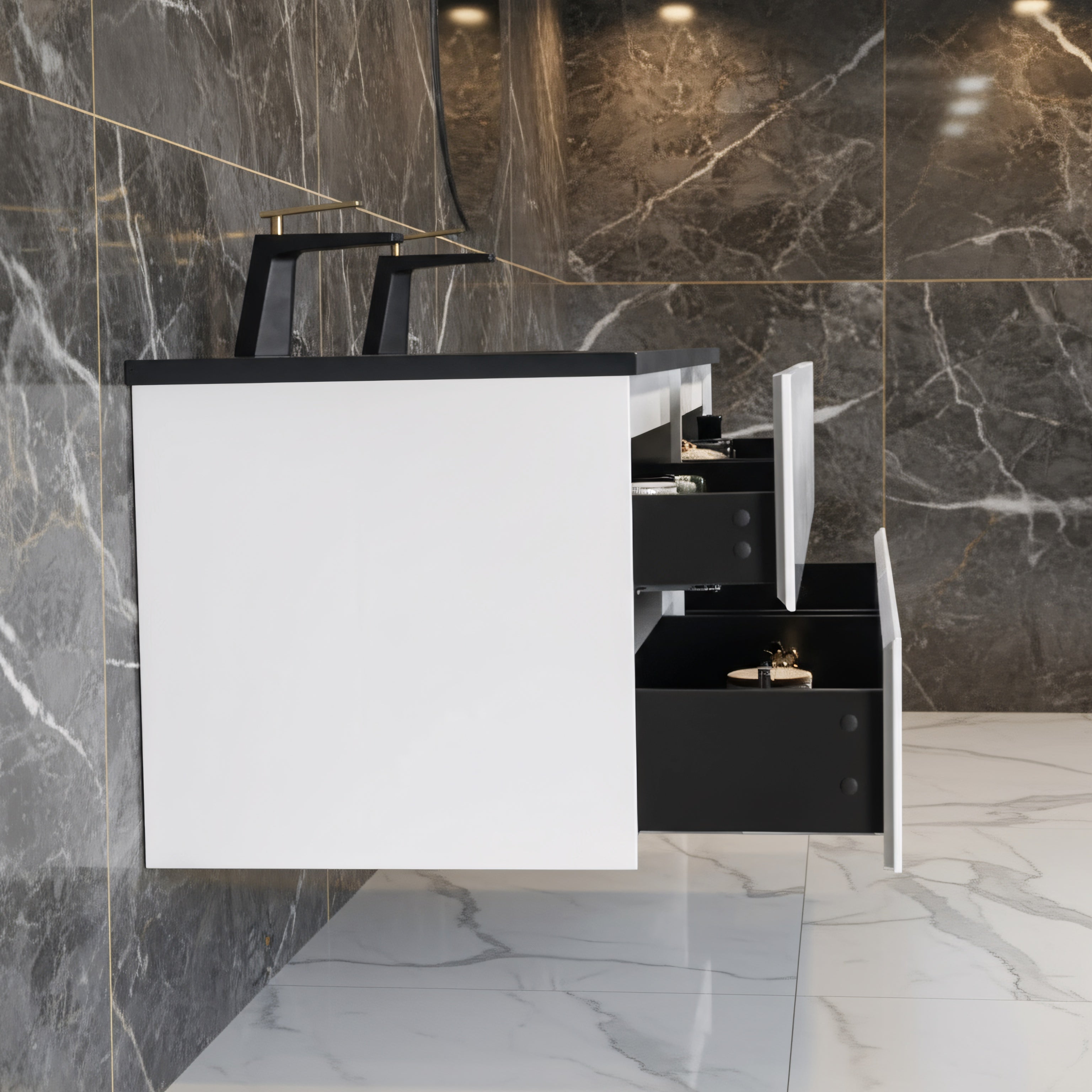 60" White Wall Mount Double Sink Bathroom Vanity with Black Engineered Quartz Countertop-Migration_Bathroom Vanities-DECOROLALA