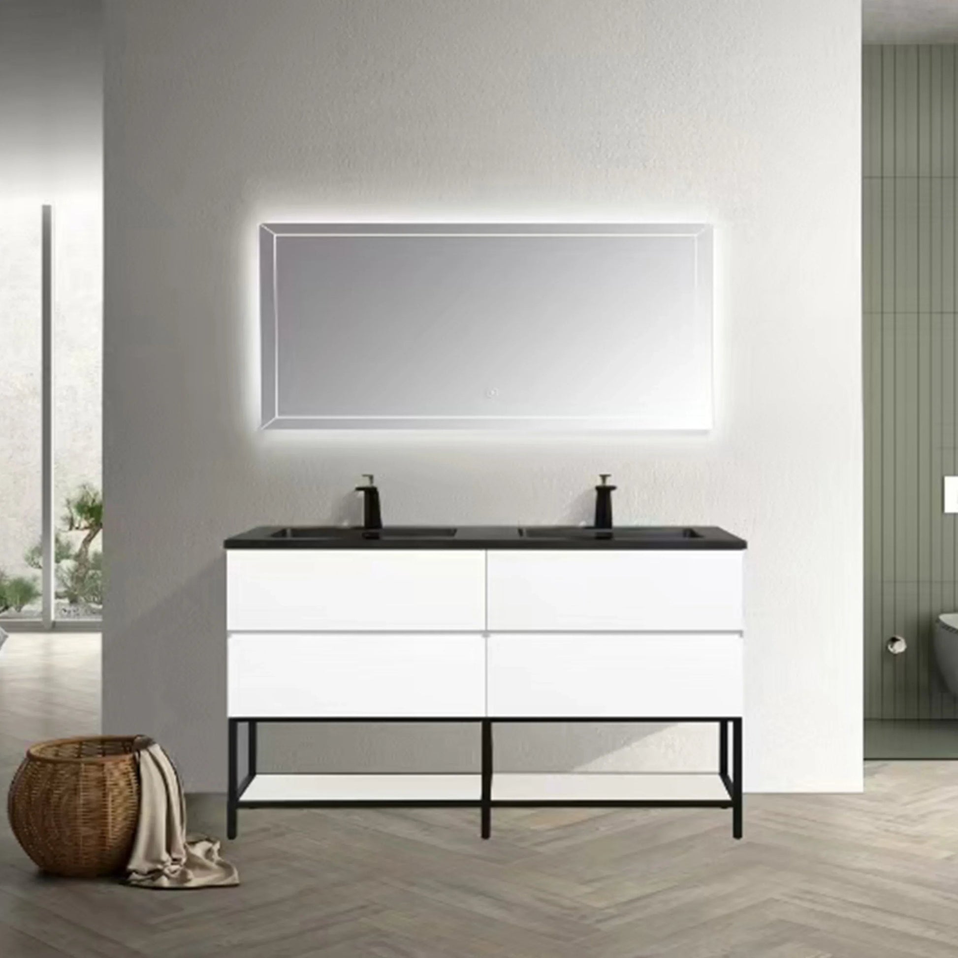 60" White Wall Mount Double Sink Bathroom Vanity with Black Engineered Quartz Countertop-Migration_Bathroom Vanities-DECOROLALA