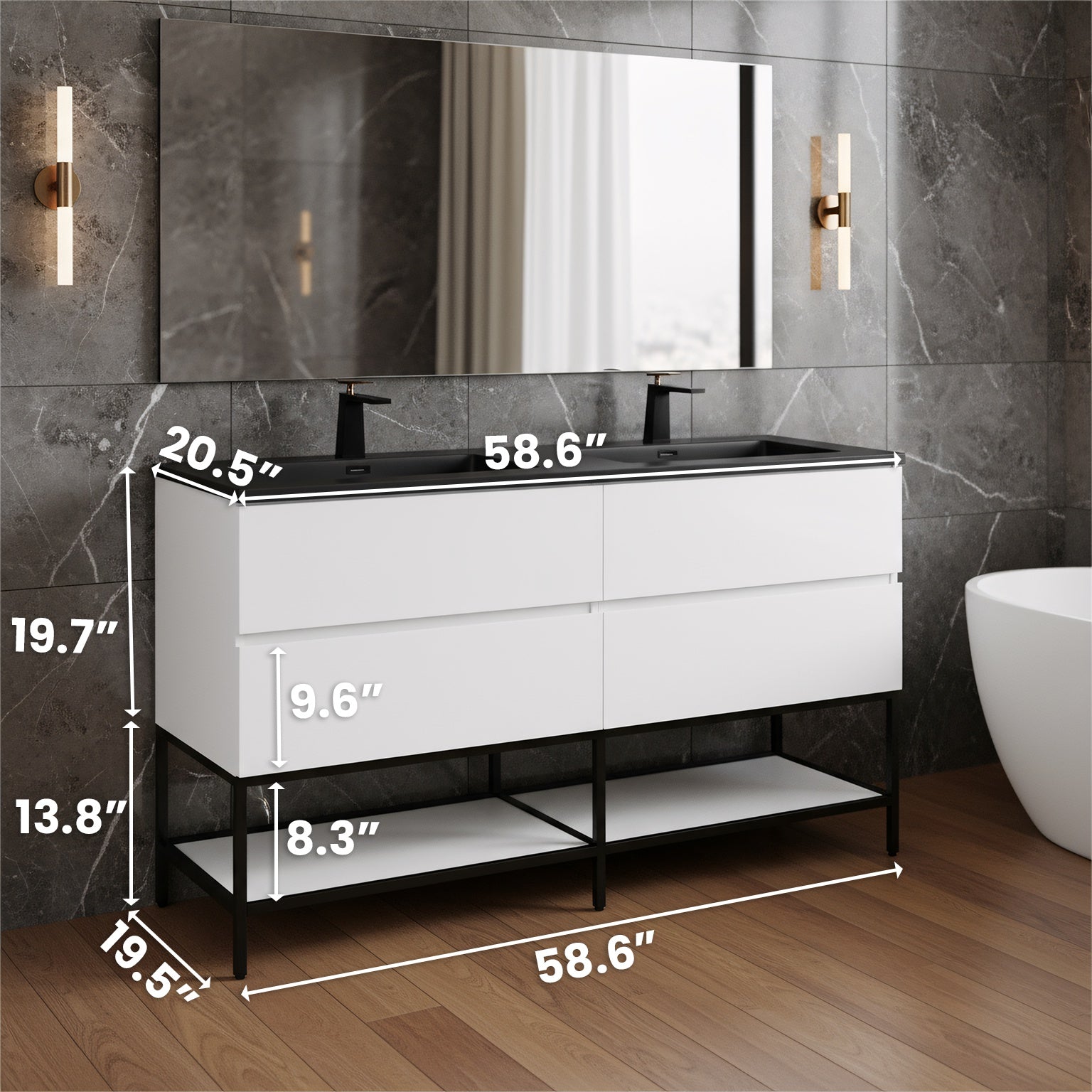 60" White Wall Mount Double Sink Bathroom Vanity with Black Engineered Quartz Countertop-Migration_Bathroom Vanities-DECOROLALA